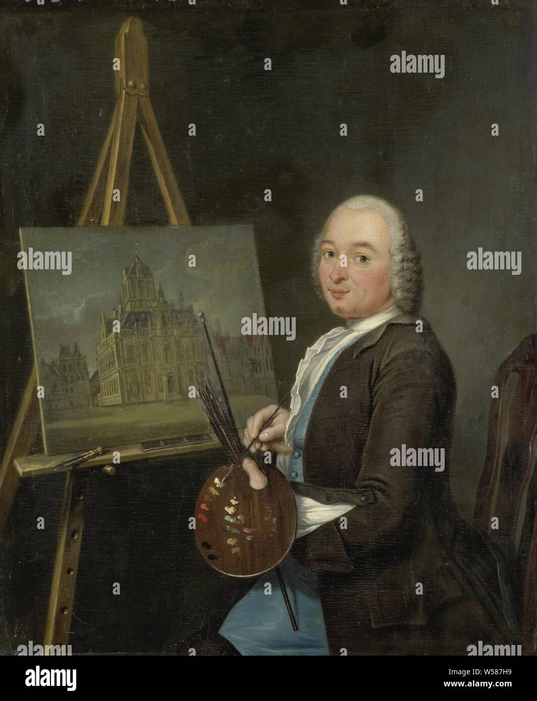 Portrait de Jan Ten Compe, peintre et marchand d'Amsterdam, portrait de Jan Ten Compe (1713-61), peintre et marchand d'Amsterdam. Le peintre est assis avec une palette et des pinceaux à la main derrière une peinture d'une représentation de l'hôtel de ville de Delft, Jan ten Compe, Tibout Regters, 1751, panneau, de la peinture à l'huile (peinture), h 28,5 cm × w 24 cm Banque D'Images