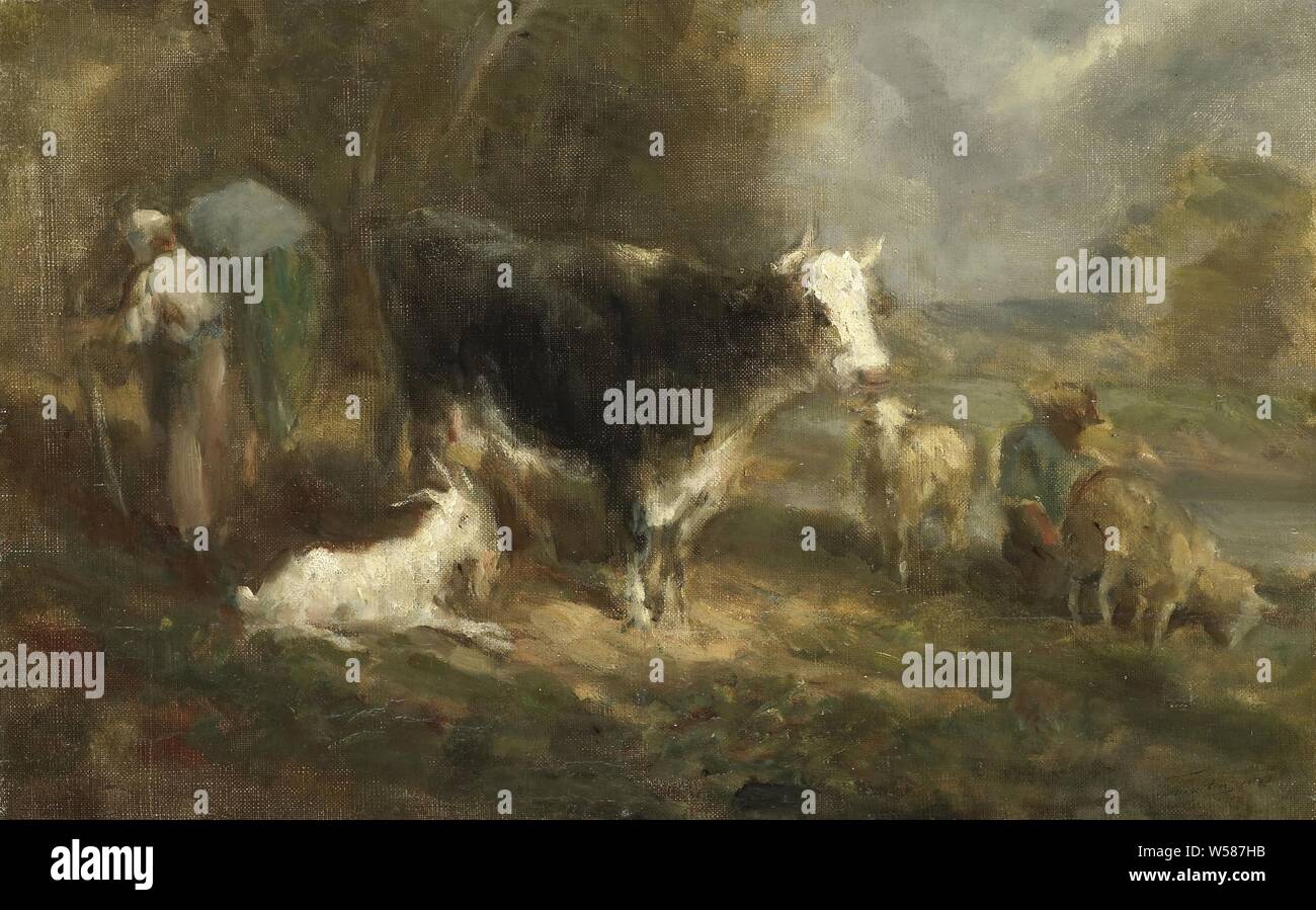 Avec le bétail de ferme, basse-cour avec des bovins. Au milieu est une vache, à côté d'elle est une chèvre blanche. Sur la gauche une femme de l'agriculteur à côté d'un cheval, à droite un homme est la traite des brebis, ferme (bâtiment), bovins, Eugène Fromentin-Dupeux (mentionné sur l'objet), 1849, toile, panneau, de la peinture à l'huile (peinture), h 31,4 cm × 49,2 cm × w t 4,0 cm d 9,2 cm Banque D'Images