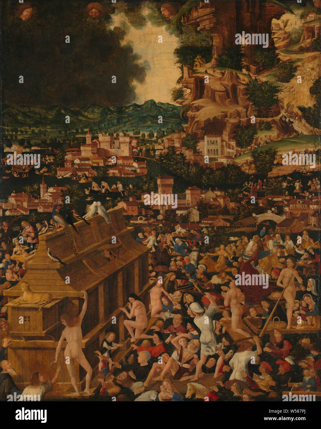L'inondation, l'inondation. Dans un paysage tourmenté par des inondations, une foule de gens essaient de s'accrocher à l'arche de Noé ou eux-mêmes avec des bateaux de sauvetage et des radeaux. Il y a des oiseaux sur le toit de l'arche. Au loin se trouve une ville au pied d'une magnifique montagne. En haut dans le ciel quatre chefs du vent. L'émission remonte à divers italien du 15e siècle, l'arche est imprime flottant sur l'eau, tandis que la vie sur terre est détruit, histoire de Noé, anonyme (peut-être), Noord-Italie, 1450 - 1499, de bord, de la peinture à l'huile (peinture), h 122 cm × w 98 cm d 6 cm Banque D'Images
