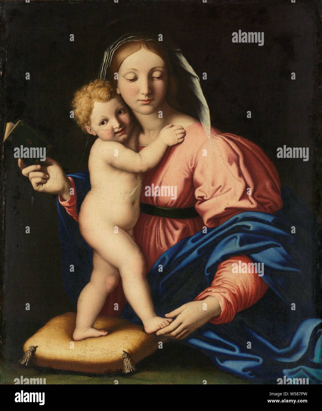 Vierge à l'enfant, Madonna avec l'Enfant Jésus debout sur un coussin devant elle. Marie a un livret dans sa main droite, avec la main gauche, elle soutient le pied de l'enfant Jésus, Marie (debout) avec l'enfant Jésus devant elle (autonome ou appuyé contre sa), le Christ-enfant debout, Giovanni Battista Salvi (atelier de), 1640 - 1699, la toile, la peinture à l'huile (peinture), h 73,3 cm × w 62 cm × t 3,2 cm d 9 cm Banque D'Images