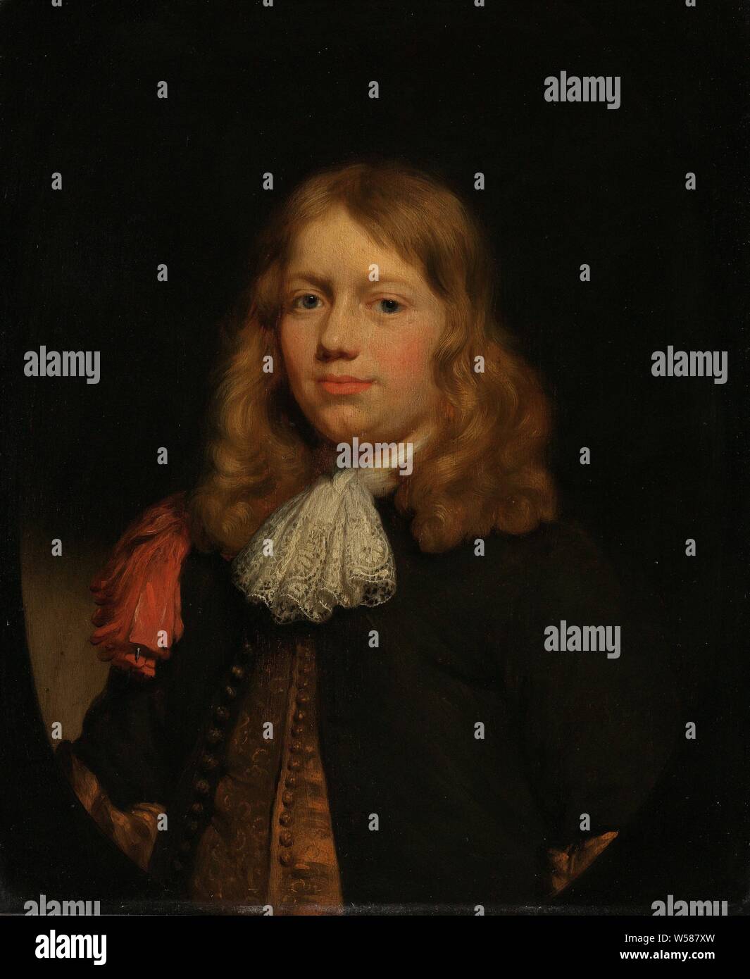 Portrait d'un jeune homme, Portrait d'un jeune homme. Buste en ovale, légèrement vers la gauche, un jabot de dentelle blanche autour du cou, historique anonyme personne représentée, Nicolaes MAES (attribué à), 1670 - 1680, de bord, de la peinture à l'huile (peinture), h 36,5 cm × w 31 cm d 6,5 cm Banque D'Images