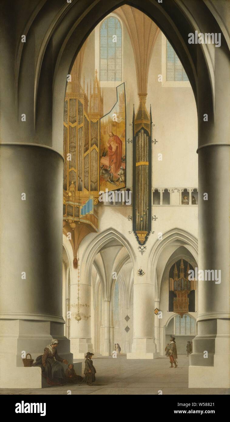 Intérieur de l'Église Saint-bavon à Haarlem intérieur de l'Église Saint-bavon à Haarlem intérieur de l'Église Saint-bavon à Haarlem, vu du sud, à l'ensemble de l'ambulatoire choir au nord et le grand orgue ambulatoires, intérieur de la Grote ou Sint Bavokerk à Haarlem, vu depuis le sud de l'allée par choeur le choeur et la chorale du nord de l'allée avec le grand orgue. Dans la grande colonne de gauche est une femme avec deux enfants. Une représentation de la résurrection du Christ est peint sur un panneau de l'organe. Dans une chapelle inférieure droite est un petit orgue, certaines parties de l'église Banque D'Images