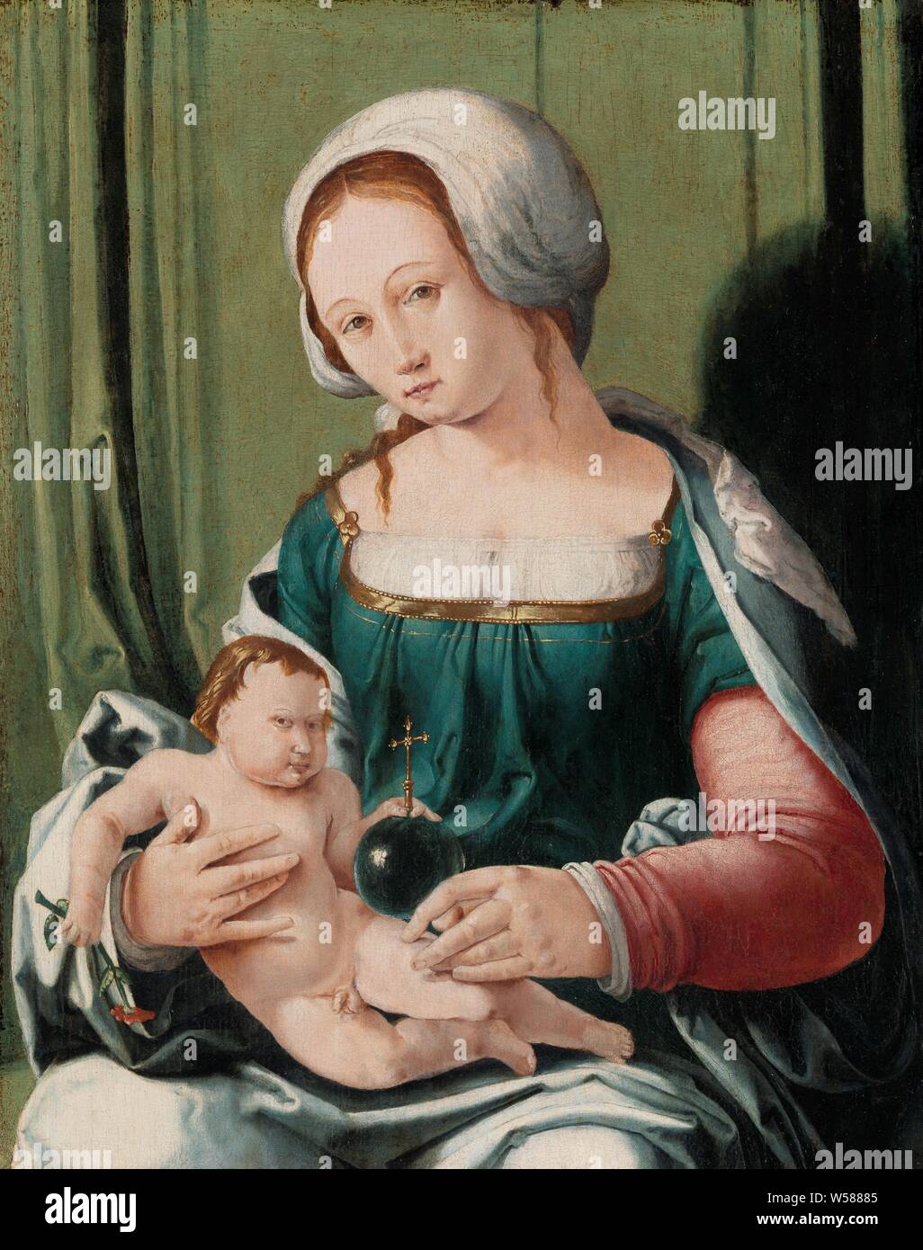 Vierge à l'enfant, vierge et l'enfant, Maria avec enfant. Marie, assise avec l'enfant Jésus sur ses genoux. L'enfant tient dans sa main gauche l'apple avec croix et une fleur dans la main droite, Mary assis ou un trône, l'enfant Jésus en face de ses genoux (ou à l'avant ou à sa poitrine), Lucas van Leyden (attribué à), Leiden, ch. 1530, tableau de bord, de la peinture à l'huile (peinture), support : h 34,5 cm × 27,5 cm w Banque D'Images