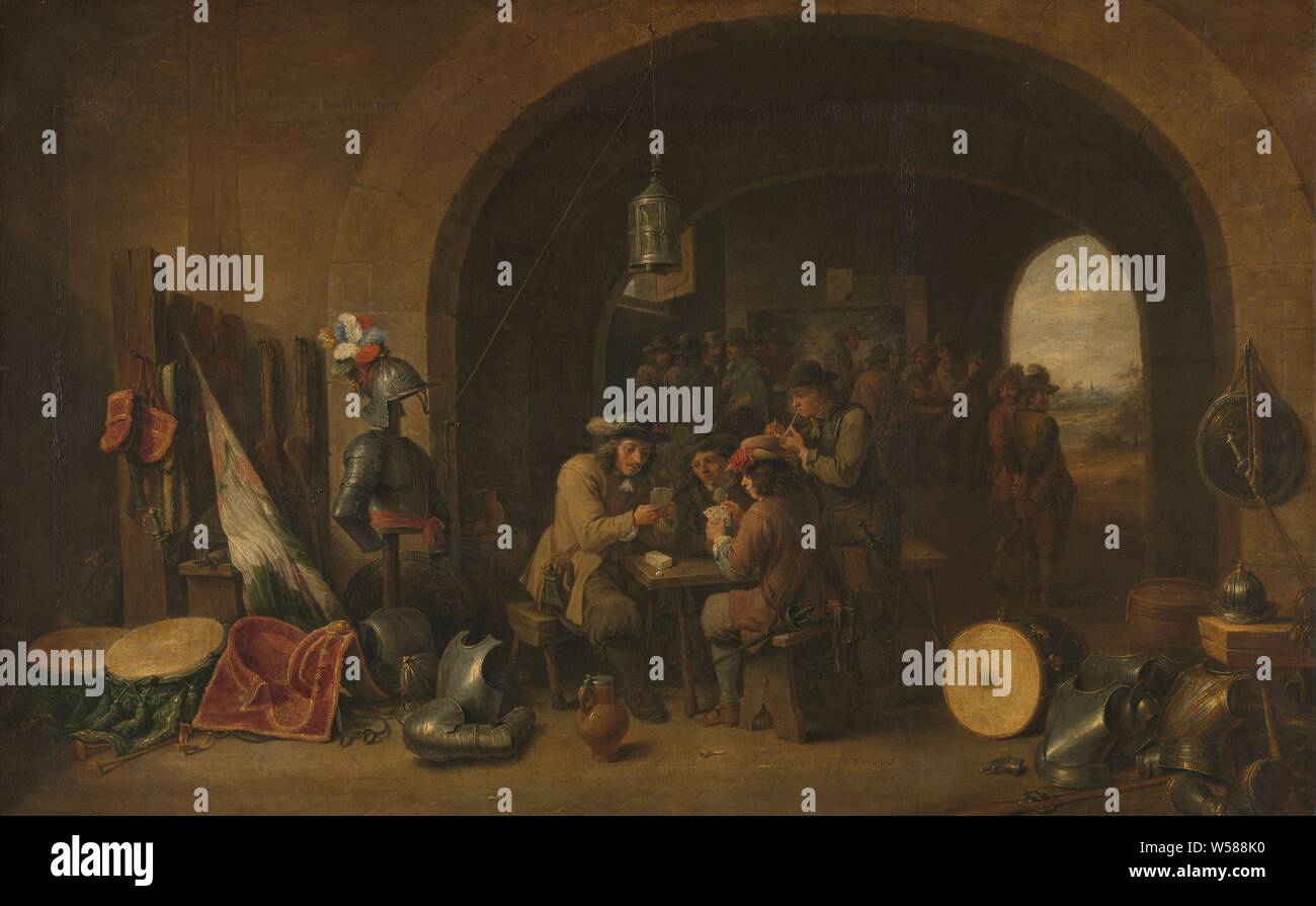 Garde, garde du soldat. Salle d'attente avec un groupe de soldats à jouer. Parties d'armures, d'armes, bannières et tambours sont au premier plan. Une lanterne est suspendu à une corde au-dessus de la table. Dans l'arrière-plan plus soldats. debout et assis, David Teniers (II), 1641, toile, de la peinture à l'huile (peinture), H 61 cm × w 94,5 cm d 9,5 cm Banque D'Images
