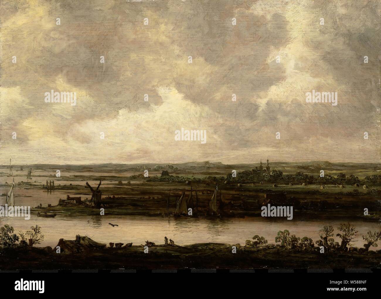 Vue panoramique de la rivière Spaarne et l'Haarlemmermeer, vue sur une large rivière. Paysage, vu d'un sommet de la rivière. Sur la gauche des navires à voile et un moulin à vent. Au loin un château entre les arbres. Peut-être que le tableau fait partie d'une œuvre plus grande, rivière, Spaarne, Haarlemmermeer, Jan van Goyen, en 1644 ou après, de bord, de la peinture à l'huile (peinture), support : h 21,3 cm × w 30 cm cadre H 29 cm × 37,7 cm w : sightsize 20,9 cm × w h 29,6 cm Banque D'Images