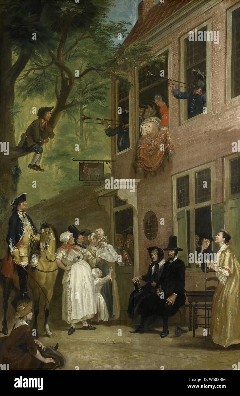 Induit en erreur : l'Ambassadeur de la racaille expose lui-même à partir de la fenêtre de la taverne dans le Haarlemmerhout Bokki, 'Le Misleyden' : l'ambassadeur de l'Labberlotten se montre en face de la fenêtre de l'auberge 't Bokki Bokje t (') dans le Haarlemmerhout (une plaisanterie pratique par Jacob Campo Weyerman et associés en 1739). Un groupe de personnes regarde l'arrière peint comme un visage, bloqué par la fenêtre de l'auberge. Sur les deux côtés deux trompettistes avec visages peints en noir. En face de l'auberge sont deux des quakers, l'homme et la femme vêtue de noir, la bible dans la main, les fesses, partes posteriores Banque D'Images