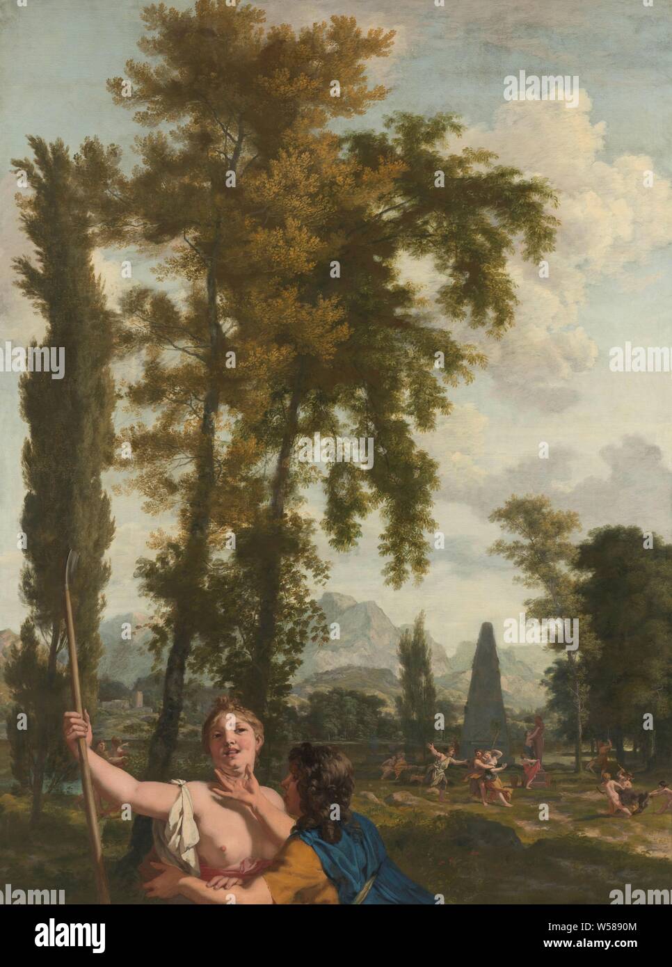 Paysage italien avec Berger et Bergère Décoration d'une chambre à la maison de Jacob de Flines à Amsterdam (titre de la série), Paysage italien avec au premier plan un couple de berger d'amour et de grands arbres. Sur le droit à l'arrière-plan s'ébattent plus de bergers et de troupeaux à un obélisque. Partie d'une série de quatre peintures pour la maison de Jacob de Flines sur l'Herengracht à Amsterdam., scènes pastorales, Arcadian, élevage, éleveur, herdswoman, berger, bergère, Bouvier, etc., Jacob de Flines, Gerard De Lairesse, ch. 1687, la toile, la peinture à l'huile (peinture), h 280 cm × w 212 cm d 7,3 cm w Banque D'Images