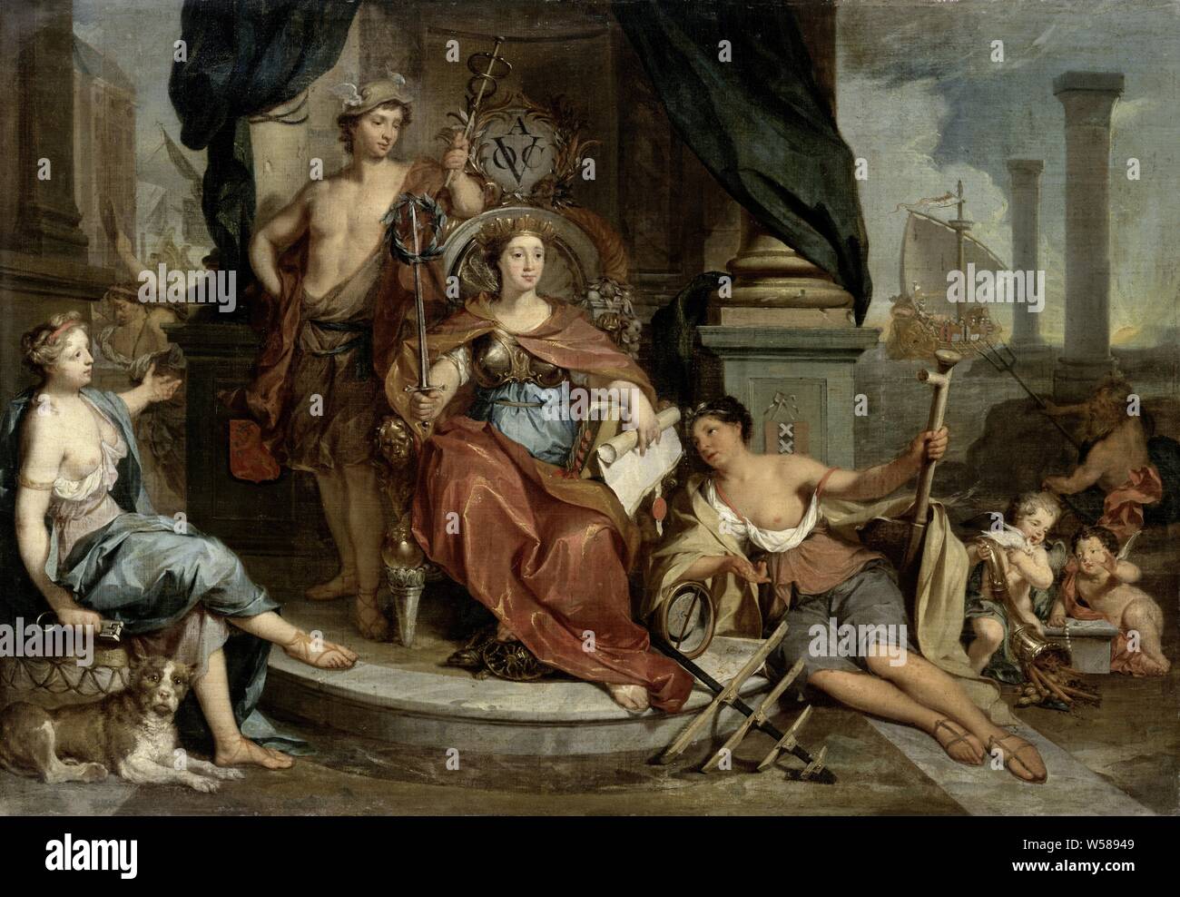 L'apothéose de la Dutch East India Company (allégorie de la Chambre de Commerce d'Amsterdam des COV), représentation allégorique avec la femelle personnification de la chambre d'Amsterdam de la Dutch East India Company assis sur un trône. Sur sa tête elle porte une couronne de navires, dans la main droite une épée avec couronne de laurier, dans la main gauche, les livres et les documents. Derrière le trône du mercure, à gauche une femme assise avec un chien et une touche, sur la droite une personnification féminine avec un gouvernail dans ses mains. Sur la droite deux putti, Neptune et une cuisine avec deux colonnes. Fabriqué à partir d'une médaille de 1702 Banque D'Images