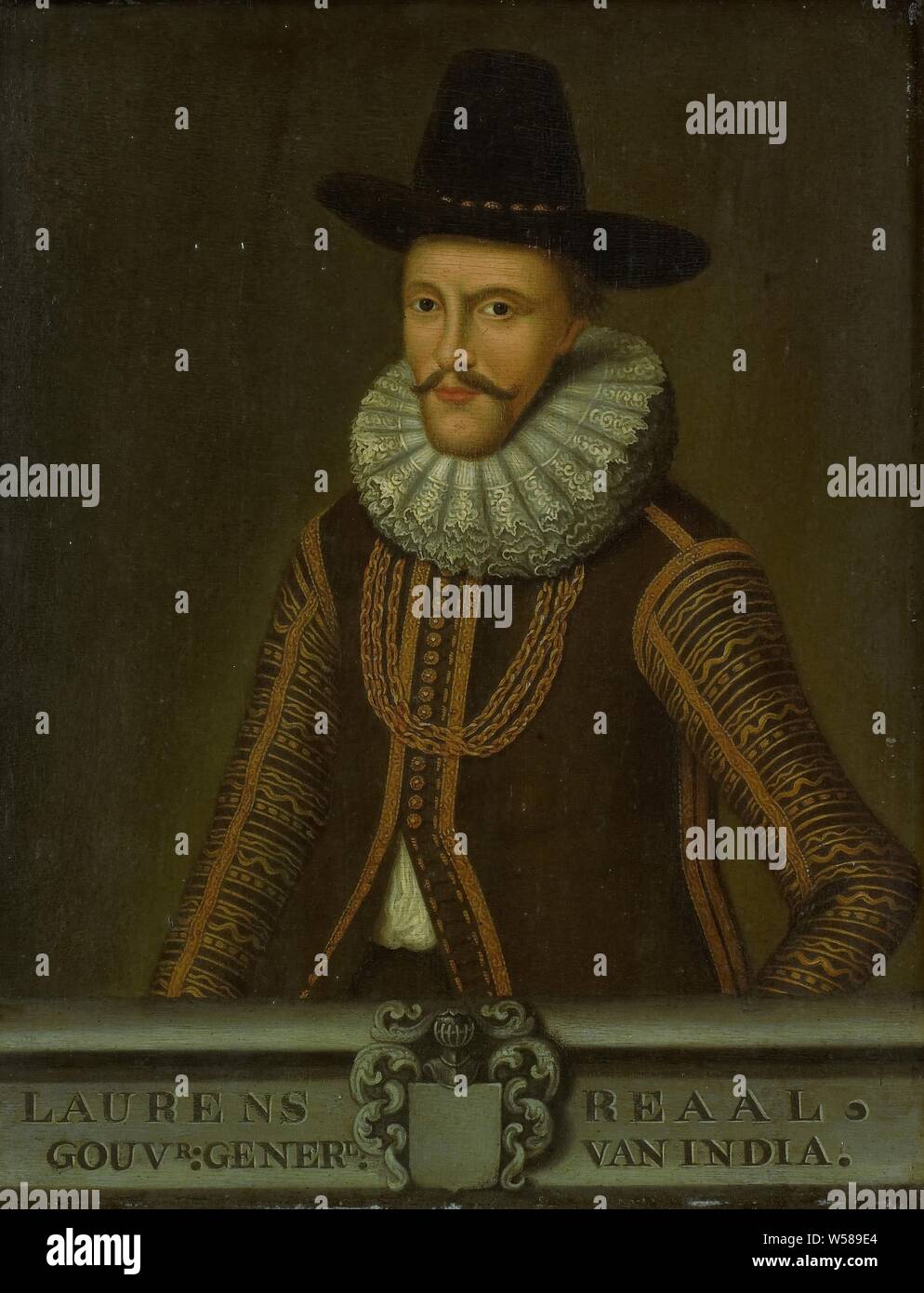 Portrait de Laurens Reael, Gouverneur général de la Dutch East Indies, Portrait de Laurens Reael (1583-1637). Gouverneur Général (1616-19). La moitié gauche à la gauche. Une triple chaîne en or autour du cou. Partie d'une série de copies de portraits des gouverneurs généraux de l'ex-Indes néerlandaises, probablement de la Dutch East India Company. Dutch East India Company, Laurens Reael, anonyme (copie d'après), Batavia, 1750 - 1800, de bord, de la peinture à l'huile (peinture), H 33 cm × w 25 cm d 3,8 cm Banque D'Images