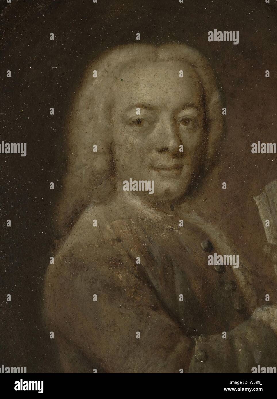 Portrait de Bernardus Bosch de JE, poète et mécène à Amsterdam, Portrait de Bernardus Bosch de I (1709-86). Poète et protecteur de l'art à Amsterdam. Buste en ovale, à droite, face à face, un rouleau de papier dans la main droite. Partie d'une collection de portraits de poètes néerlandais, portrait d'un écrivain, poète, écrivain, auteur, Bernardus de Bosch (écrivain), Jan Maurits Quinkhard, 1732 - 1771, le cuivre (métal), de la peinture à l'huile (peinture), H 11 cm × w 9,5 cm Banque D'Images