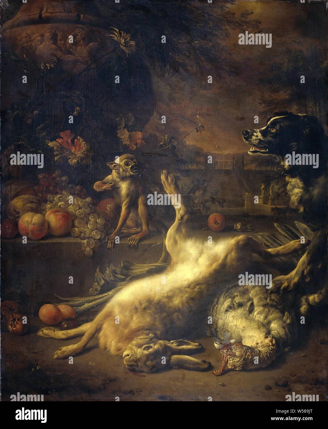 Un singe et un chien mort avec jeu et des fruits, une nature morte avec un lièvre et une dinde, fruits avec un vase de jardin, et un chien qui jappe à un singe manger le fruit, Jan Weenix, 1704, toile, de la peinture à l'huile (peinture), h 121 cm × w 98 cm d 12 cm Banque D'Images