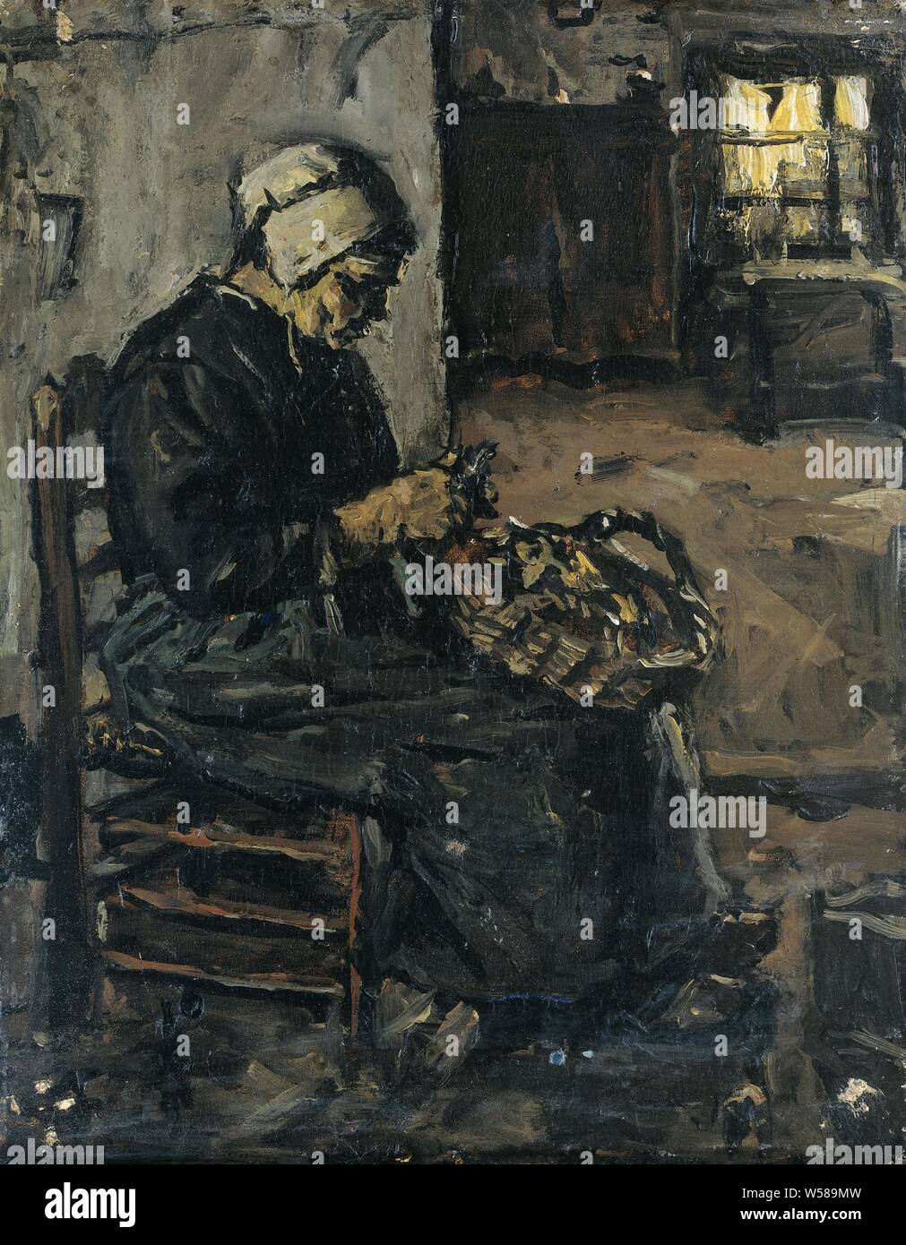 Peler paysanne, intérieur avec une femme de l'agriculteur l'épluchage des pommes de terre en position assise sur une chaise. Sur la droite un oeil jusqu'à une autre pièce, les pommes de terre, le nettoyage des légumes, Suze Robertson, 1875 - 1922, de bord, de la peinture à l'huile (peinture), h 26,2 cm × w 21 cm d 5,5 cm Banque D'Images