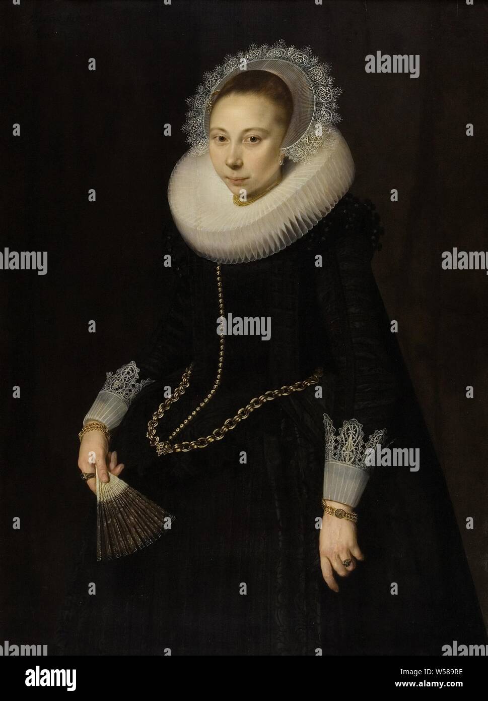 Overrijn Portrait ou Maria van Schoterbosch (1599 / 1600-1638), Portrait de Maria van Overrijn Schoterbosch (1599 / 1600-1638), épouse de Dirck Corver. Genou, debout à gauche, un ventilateur dans la main droite. Maria Overrijn à partir de Schoterbosch, Cornelis van der Voort, 1622, panneau, de la peinture à l'huile (peinture), support : h 122 cm × w 90,6 cm frame : H 134 cm × w 102,8 cm × t 5 cm taille de la vue : h 119,7 cm × w 88,8 cm Banque D'Images