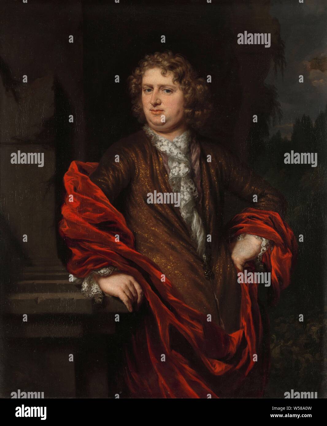 Portrait de Pieter Groenendijk Portrait de Pieter Groenendijk, Portrait de Pieter Groenendijk (-1731), secrétaire de la quarantaine. Elle épouse Petronella Dunois en 1677. Genou. La personne représentée est vêtue d'une veste marron avec une chemise de dentelle blanche et un manteau rouge. Il est appuyé contre une colonne à demi-hauteur dans un paysage. Pieter van Groenendijck, Nicolaes MAES, 1677 - 1685, la peinture à l'huile (peinture), toile, h 69,2 cm × w 57,8 cm × 8,5 cm d Banque D'Images