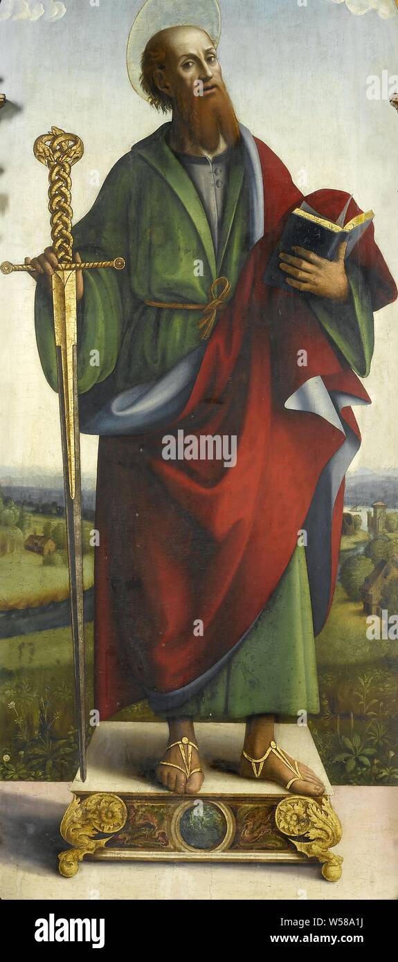 Saint Paul, Saint Paul. Debout, pleine longueur, sur un piédestal, avec un paysage en arrière-plan. Dans la main droite une épée, une Bible ouverte à la main gauche, l'apôtre Paul ou Tarse, attributs possibles : livre, faire défiler, épée, Macrino d'Alba (attribué à), 1490 - 1527, de bord, de la peinture à l'huile (peinture), h 171 cm × w 71 cm d 11,5 cm Banque D'Images