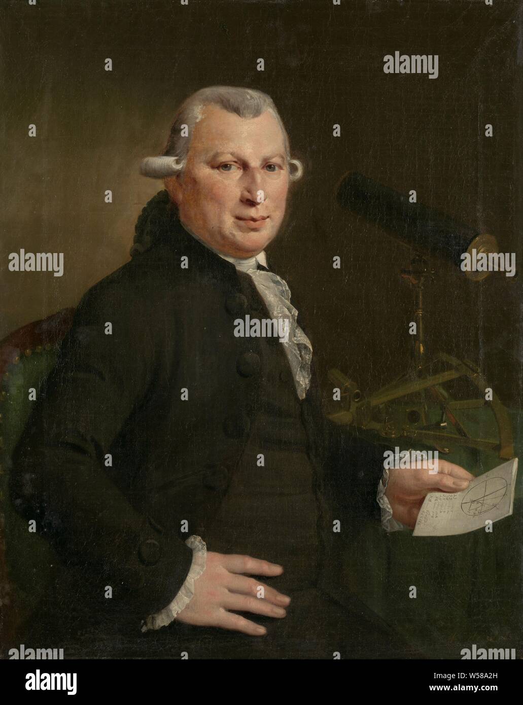 Portrait de Hendrick de Hartog, examinateur mates pour les COV et le Conseil de possessions asiatiques, professeur de mathématiques et sciences nautiques à l'Atheneum illustre à Amsterdam et membre de Felix Meritis. Assis, à mi-chemin à une table, un papier avec un dessin géométrique dans la main gauche. Sur la table sont d'un sextant et d'un télescope, les personnes historiques, quadrant, sextant, octant (instruments nautiques), Dutch East India Company, Hendrick de Hartogh, Felix Meritis, Adriaan de Lelie, 1790, toile, de la peinture à l'huile (peinture), H 79 cm × w 64 cm Banque D'Images