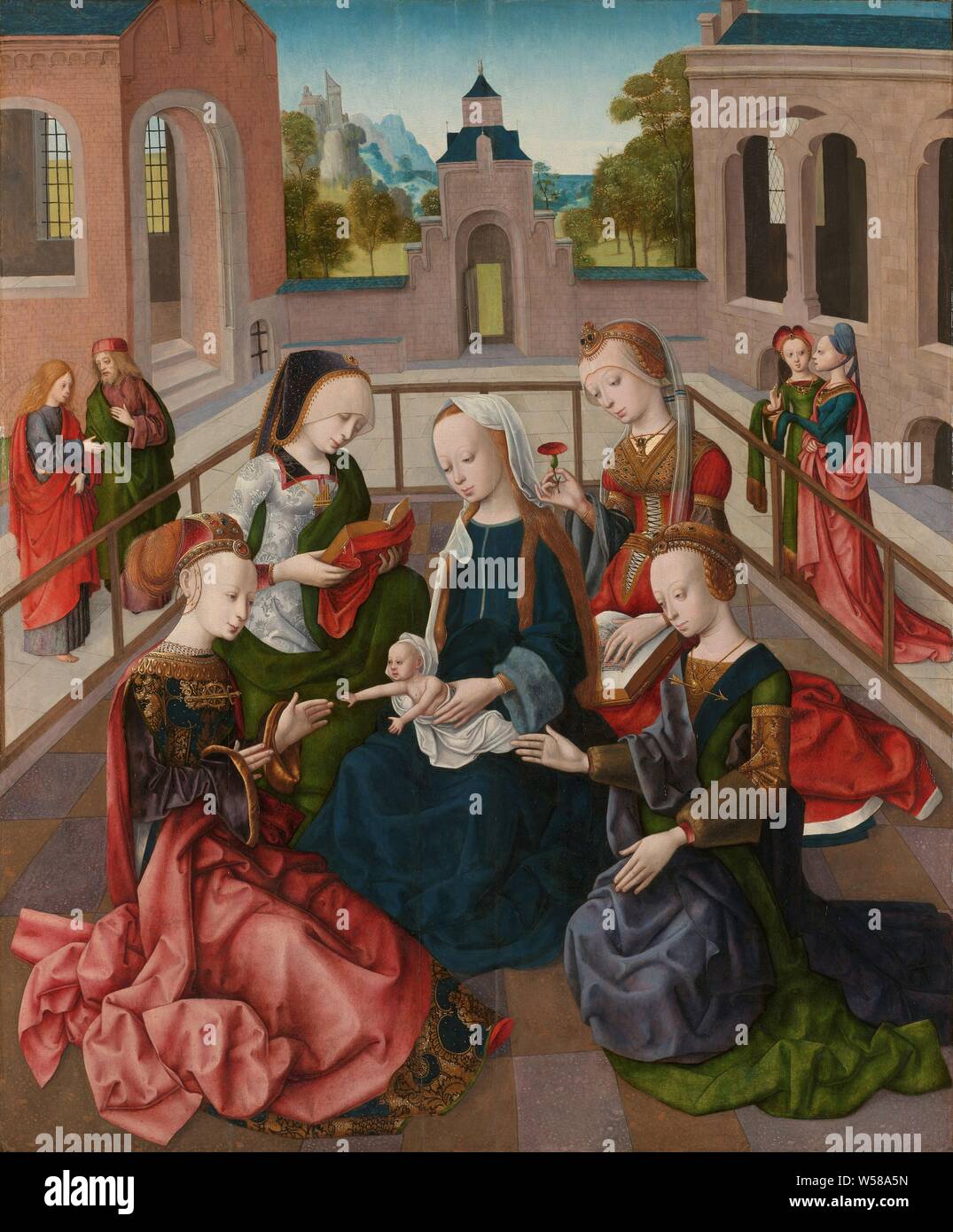 La Vierge et l'enfant avec quatre filles vierges, Sainte Marie avec l'enfant avec les saints Catherine, Cecilia, Barbara et Ursula, Marie avec l'Enfant Jésus et les Saints Catharina, assis dans une cour clôturée (à partir d'un monastère ?). En dehors de la cour deux hommes sont laissés, Johannes Jacobus et probablement. Sur la droite deux femmes, probablement Saints Marie Madeleine et Margaret, 'Virgo inter Virgines', la vierge martyre Catherine d'Alexandrie, attributs possibles : livre, couronne, l'empereur Maxence, palm-branch, anneau, épée, roue, la vierge martyre Cecilia de Rome, attributs possibles : Falcon, instruments de musique, d'orgue, gerbe Banque D'Images