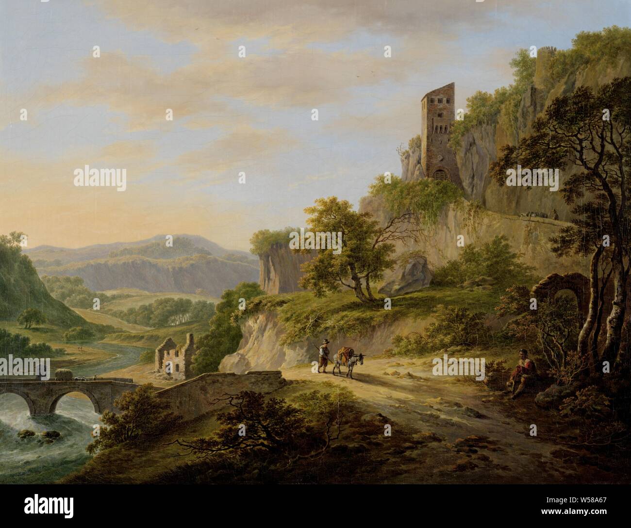 Avis de Civita Castellana, paysage avec le soleil levant avec à gauche une rivière qui coule à la distance, enjambé par un vieux pont en pierre. La colline sur la droite occupe la moitié de la zone d'image. Au pied de la colline il y a un chemin de terre sur lequel un homme avec un âne, une ruine de pierre plus loin. Un groupe de chiffres se reposant sous un arbre. Un tour de l'église se dresse parmi les arbres sur la colline, le paysage avec ruines, Civita Castellana, Daniel Dupré (signé par l'artiste), Amsterdam (peut-être), 1792 - 1809, la peinture à l'huile (peinture), toile, peinture, H 54 cm × w 69,5 cm d 6,0 cm Banque D'Images