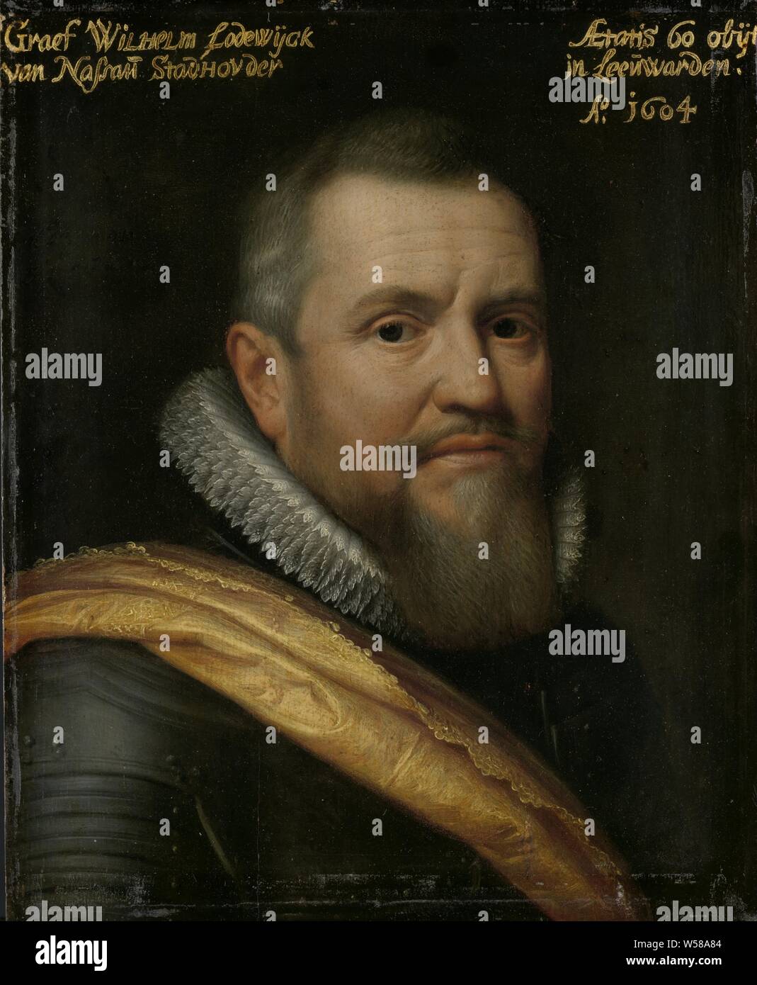Portrait du comte de Nassau ou William-Louis, surnommé notre Père dans le frison occidental, Portrait de Willem Lodewijk (1560- 1620), comte de Nassau, appelé 'us heit'. Buste à droite, en armure. Partie de la série de portraits de la Stadhouderlijk Hof à Leeuwarden, historique, Willem Lodewijk comte de Nassau-Dillenburg, Michiel Jansz van Mierevelt (atelier de), 1609, de bord, de la peinture à l'huile (peinture), support : h 29,8 cm × 24,1 cm w Banque D'Images