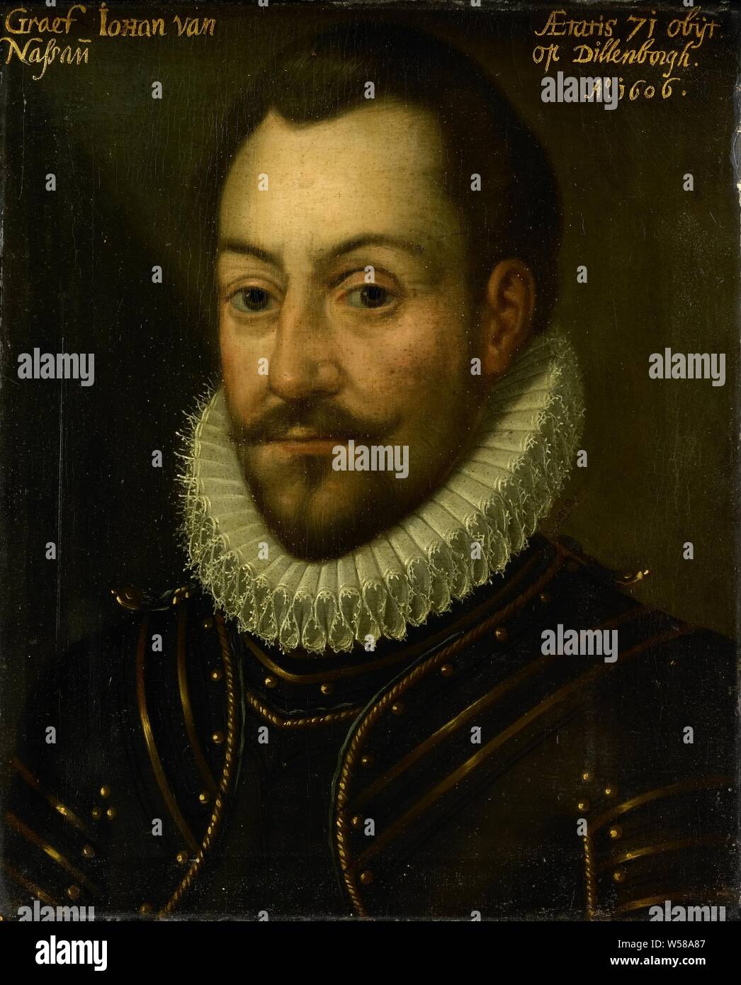 Portrait d'un nombre inconnu ou dirigeant, peut-être compter John l'ancien de Nassau ou Louis de Nassau, vraisemblablement Jan l'ancien (1535-1606), comte de Nassau. Buste en armure à la gauche. Partie de la série de portraits de la Stadhouderlijk Hof à Leeuwarden., anonyme, c. 1609 - c. 1633, tableau de bord, de la peinture à l'huile (peinture), support : h 29,9 cm × 24,3 cm w t 0,6 cm d 3,5 cm Banque D'Images