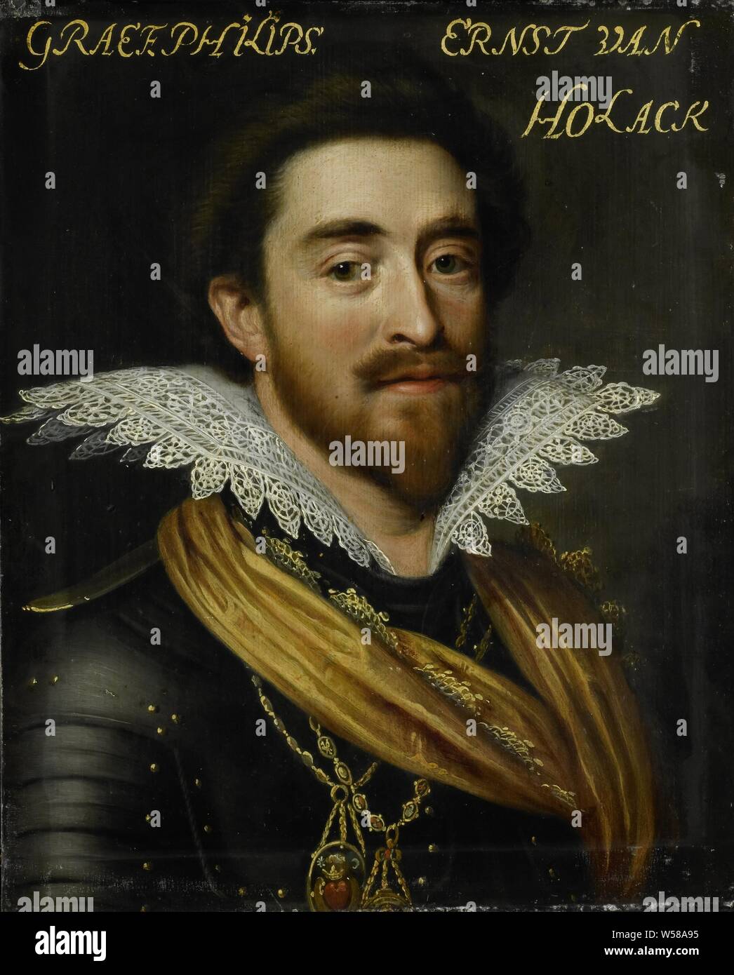 Portrait de Philipp Ernst, comte de zu Hohenlohe Langenburg, Portrait de Philip Ernst (1585-1629), comte de zu Hohenlohe Langenburg. Buste à droite, en armure. Avec deux chaînes pendentifs autour du cou. Partie de la série de portraits de la Stadhouderlijk Hof à Leeuwarden., Jan Antonisz van Ravesteyn (atelier de), ch. 1609 - c. 1633, tableau de bord, de la peinture à l'huile (peinture), support : h 29,7 cm × 24,1 cm w t 1,3 cm d 3,4 cm Banque D'Images