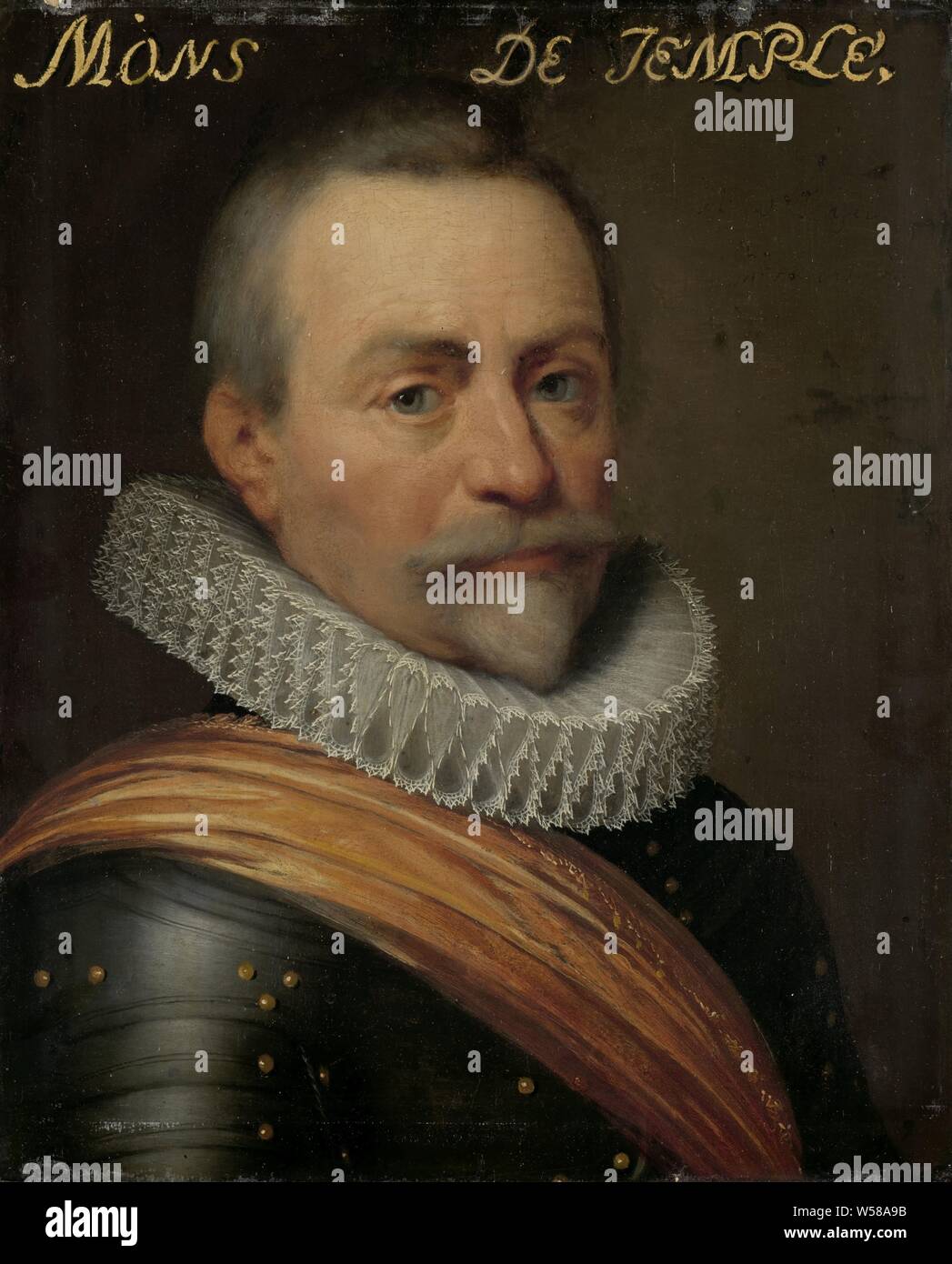 Portrait d'Olivier van den Tempel, seigneur de Corbeecke, Portrait de Olivier van den Tempel (1540-1603), seigneur d'Corbeecke. Commandant en chef des forces des États généraux. Buste à droite, en armure. Partie de la série de portraits de la Stadhouderlijk Hof à Leeuwarden, historique, Olivier van den Tympel, Jan Antonisz van Ravesteyn (atelier de), ch. 1609 - c. 1633, tableau de bord, de la peinture à l'huile (peinture), support : h 29,7 cm × 24,2 cm w Banque D'Images