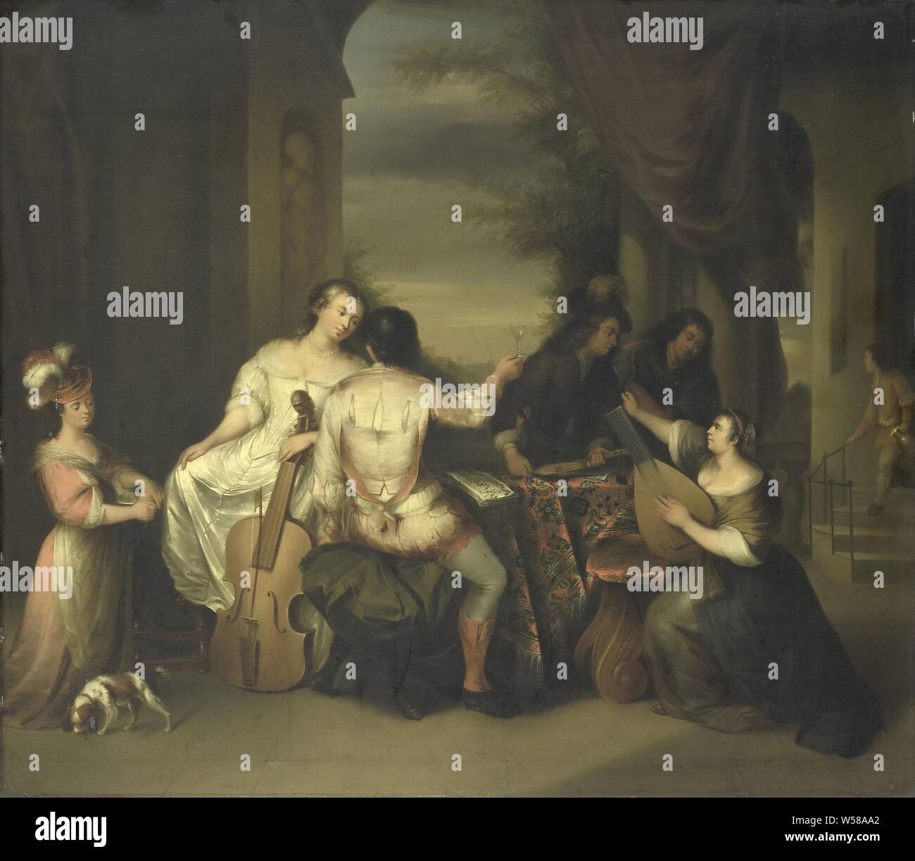 Une société musicale, musique société sur une terrasse. Sur la droite une femme tunes un luth, derrière la table un homme avec un violon, sur la gauche une femme avec un violoncelle par un homme assis qui soulève un verre. Sheet Music est sur la table. Anciennement a également examiné le fils perdu., Melchior Brassauw, 1730 - 1757, de bord, de la peinture à l'huile (peinture), h 58,5 cm × w 67,5 cm d 9 cm Banque D'Images