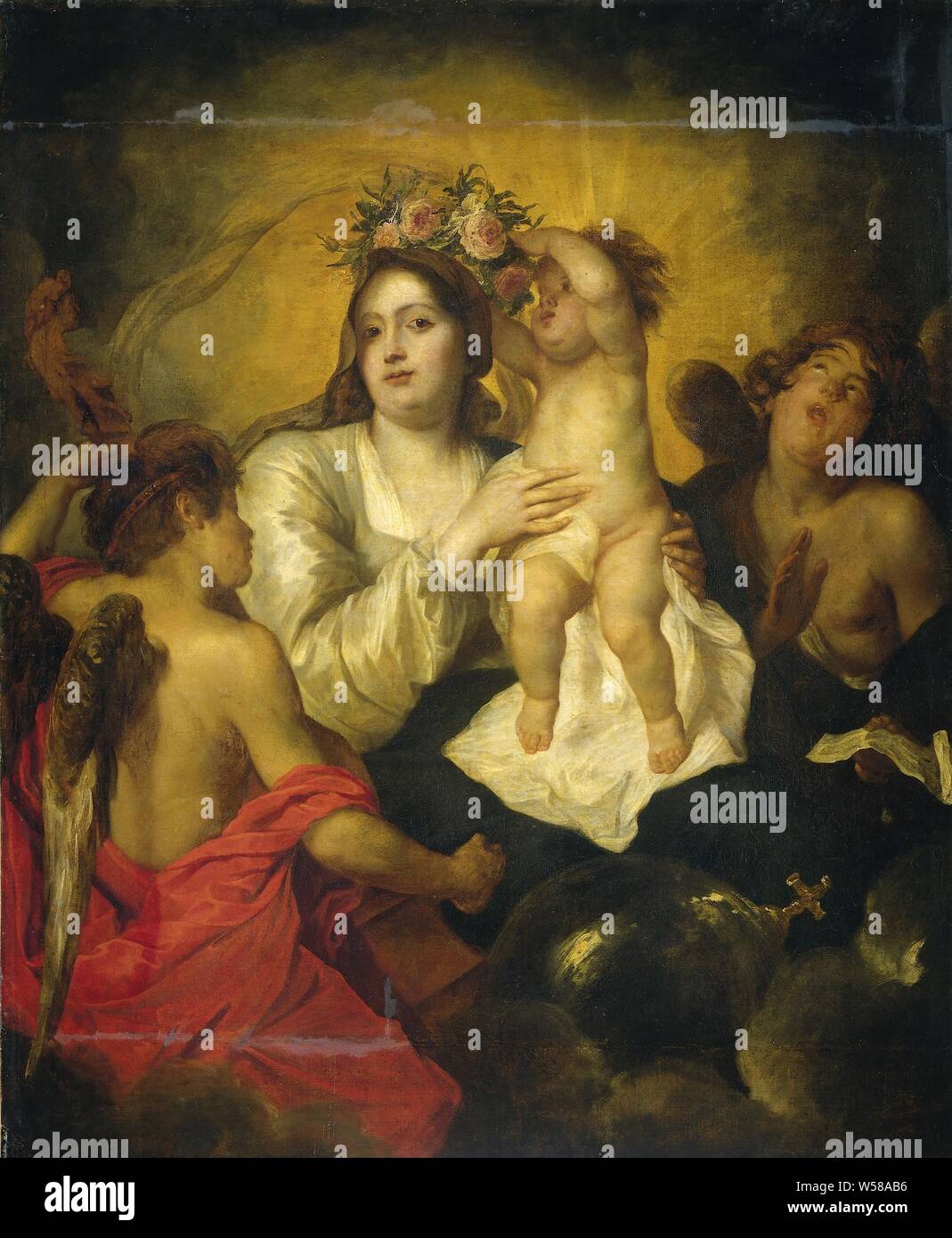 L'apothéose de la Vierge, la glorification de Marie. Mary assis dans les nuages, elle tient le Christ enfant dans ses bras. L'enfant dépose une gerbe de fleurs sur sa tête, les anges à gauche et à droite., Thomas Willeboirts Bosschaert (attribué à), 1623 - 1654, la toile, la peinture à l'huile (peinture), h 141 cm × w 115 cm d 8 cm Banque D'Images