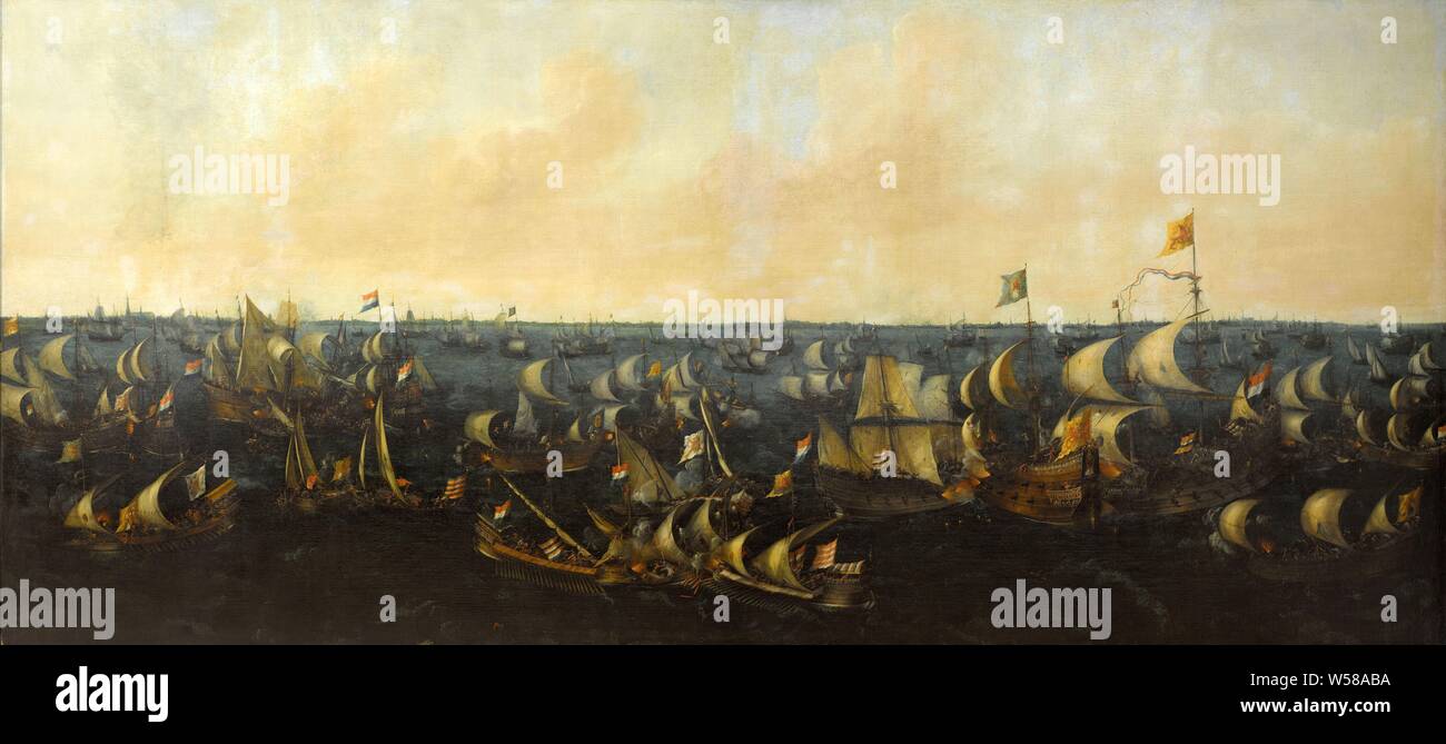Bataille navale sur l'IJsselmeer, 6 octobre 1573 : épisode de la "Guerre de Quatre-Vingts Ans, la bataille de la Zuiderzee, 6 octobre 1573 : épisode de la guerre de Quatre-Vingts Ans. Bataille de la mer avec un grand nombre de grands et petits navires, au premier plan deux galères réussir l'autre., Abraham de Verwer, 1621, toile, de la peinture à l'huile (peinture), support : h 153 cm (*) × w 340 cm (*) d 16 cm w 73 kg Banque D'Images