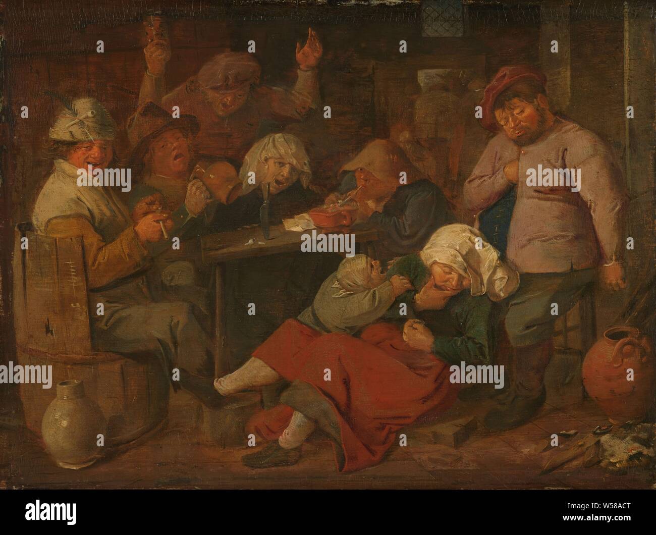 À propos de potable paysanne. Inn intérieur avec un groupe de boire, de fumer et de chant les agriculteurs autour d'une table. Au premier plan une femme ivre s'est endormie, un enfant qui pleure est tirant sur son bras. Un agriculteur sur la gauche se trouve dans un tonneau et arrête un tuyau, sur le droit à la table une autre allume sa pipe avec un essai incendie., Adriaen Brouwer, 1620 - 1630, de bord, de la peinture à l'huile (peinture), peinture, h 19,5 cm × 26,5 cm w Banque D'Images