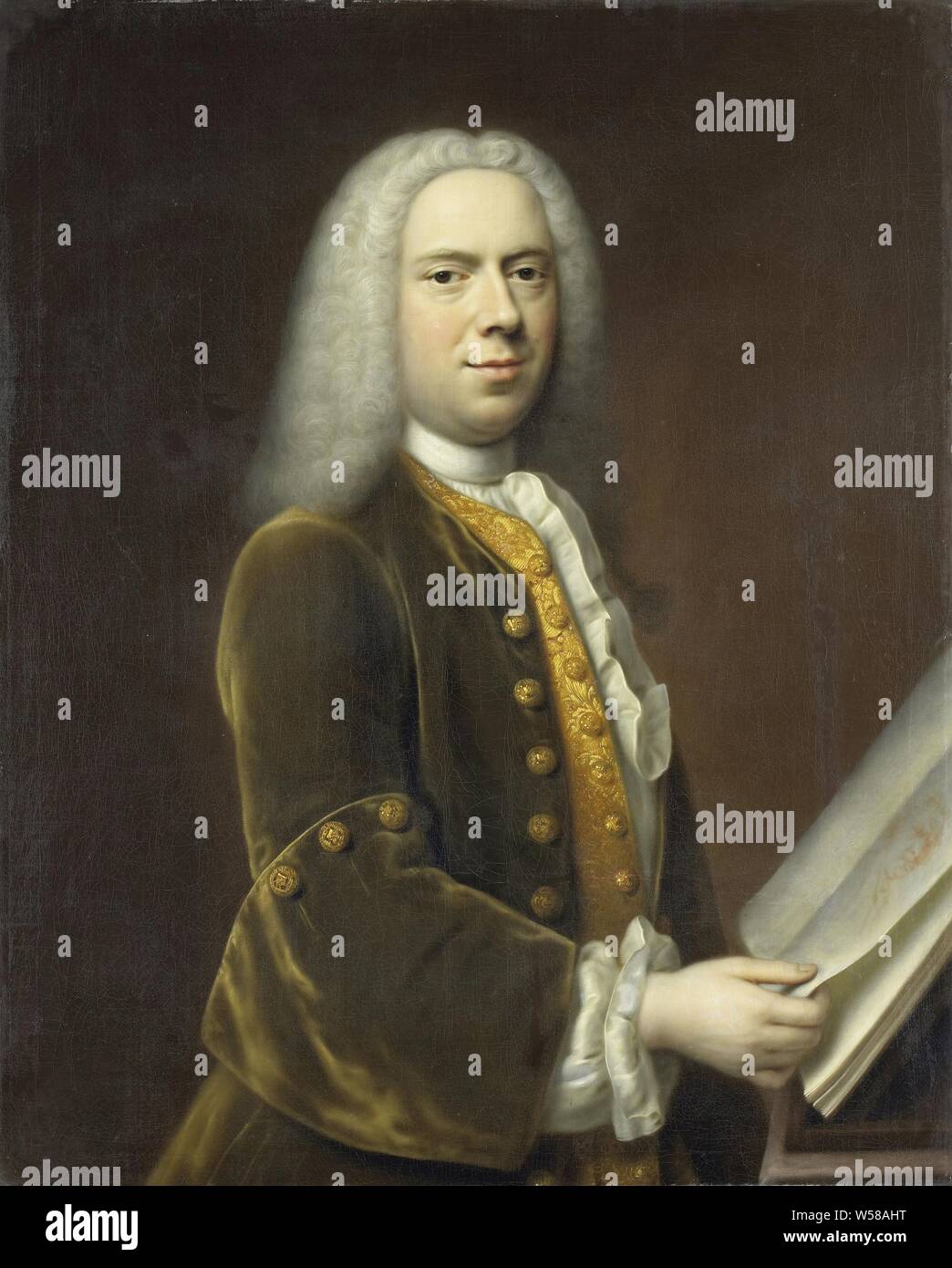 Portrait d'un homme, probablement Cornelis TROOST (1696-1750), probablement Cornelis TROOST. Debout, demi-longueur, un livre avec des dessins en main., Balthasar Denner, 1737, toile, de la peinture à l'huile (peinture), H 87 cm × w 70,5 cm d 5,8 cm Banque D'Images