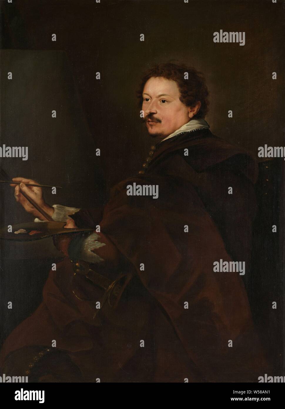 Andries van Eertvelt (1590-1652), peintre, Portrait du peintre Andries van Eertvelt, travaillant sur une peinture. Brosse dans la main droite, dans la palette de gauche. Copie à l'original à Augsbourg, Andries van Eertvelt, Anthony Van Dyck (copie d'après), 1660 - 1720, la toile, la peinture à l'huile (peinture), peinture, h 114 cm × w 87 cm Banque D'Images