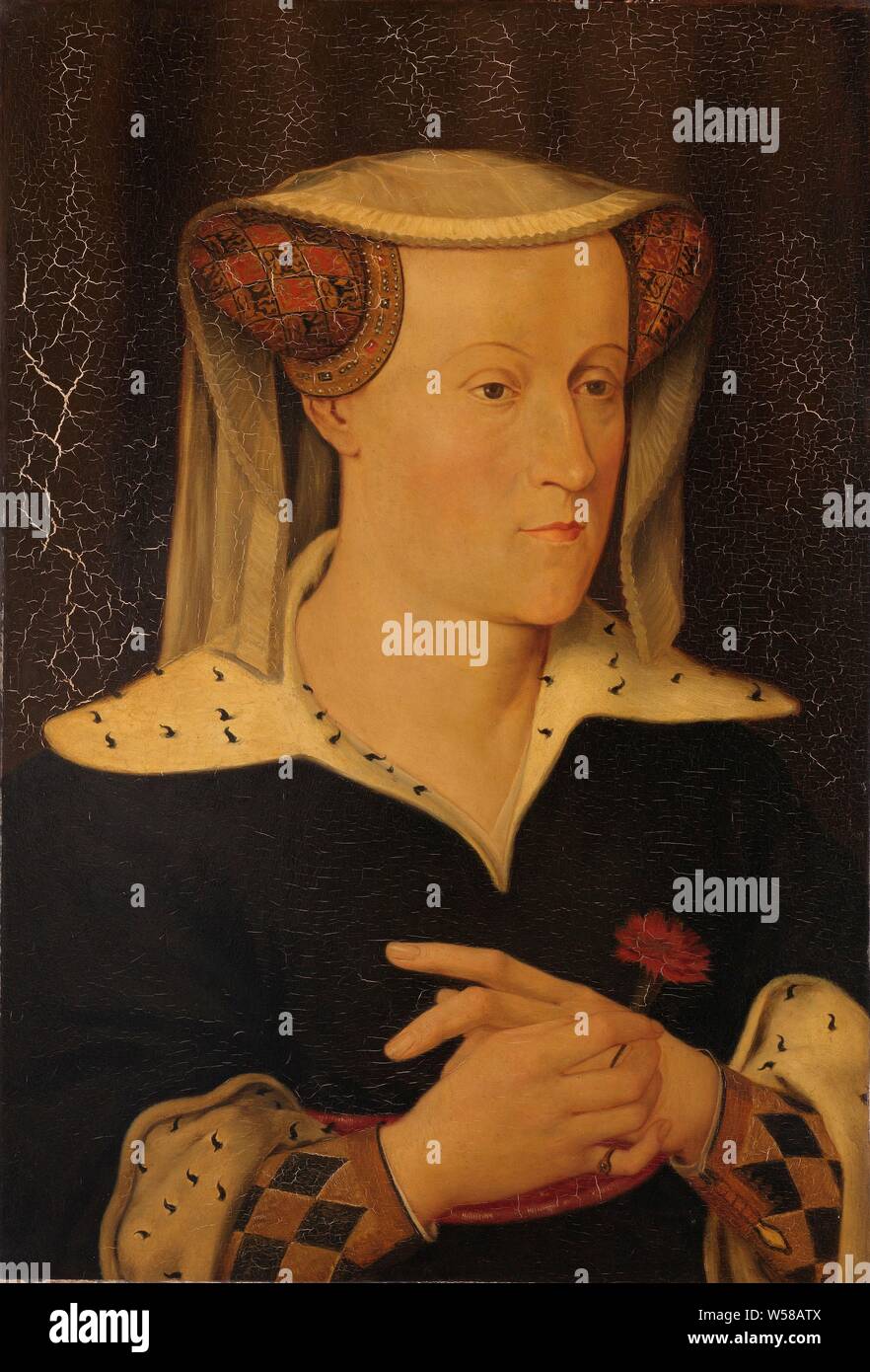 Jacoba de Bavière (1401-1436), comtesse de Hollande et de Zélande, Portrait de Jacoba van Beieren (1401-36), comtesse de Hollande et de Zélande. Buste à droite avec un œillet à la main. Copie du xixe siècle après l'original à partir de ca. 1435, Jacoba van Beieren (comtesse de Hollande, Zélande et Hainaut), Pieter Willem Sebes, nord des Pays-Bas, 1879 et/ou c. 1435, tableau de bord, de la peinture à l'huile (peinture), support : H 65 cm × 44,5 cm w t 2,0 cm d 6,8 cm Banque D'Images