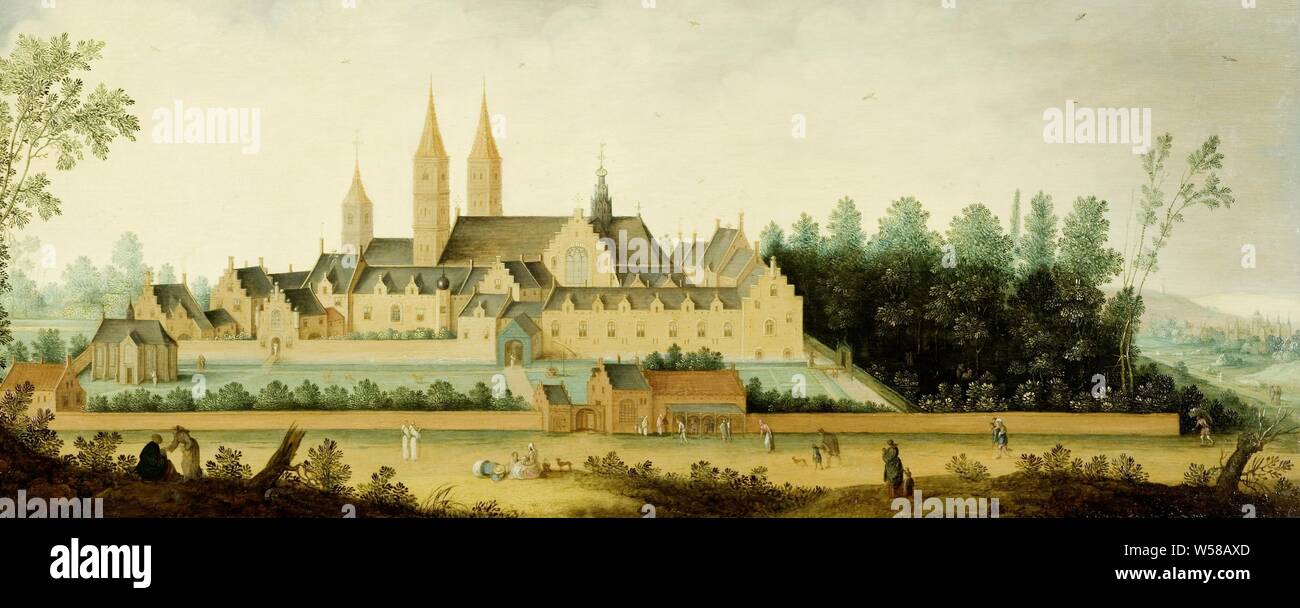 Vue sur l'abbaye de Egmond-Binnen, vue sur l'abbaye à Egmond-Binnen. L'abbaye est entourée d'un mur, dans le paysage environnant les randonneurs et voyageurs., Claes. Jacobsz van der Heck, 1638, panneau, de la peinture à l'huile (peinture), support : H 32 cm × w 72 cm t 1,5 cm d 3,5 cm Banque D'Images
