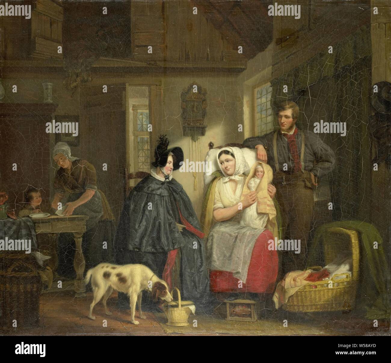Visite d'une nouvelle mère, intérieur avec une femme visite d'une jeune mère. La sage-femme est assise sur une chaise avec l'enfant sur son bras, à côté de la présidence est le père. Sur le plancher d'un berceau, ragoût et un chien que curieux sur un panier. En arrière à gauche une fille prépare la nourriture pour un enfant. Un président réveil sur le mur., Moritz Calisch, 1835, toile, de la peinture à l'huile (peinture), h 56,7 cm × 66,3 cm × w t 3 cm d 11,2 cm Banque D'Images