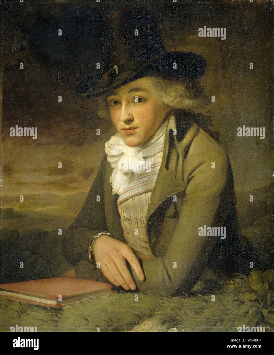 Portrait de Jacob Willemsz. De Vos, Portrait de Jacob de Vos Willemsz. (1774-1844) dans un paysage. L'homme est montrée dans la moitié du corps, s'appuyant sur une colline herbeuse sur laquelle un livre se trouve juste en face de ses bras. Il porte une veste, gilet rayé, une écharpe blanche et un haut chapeau noir, Jacob Willemz. Le Fox, anonyme, Nederlanden, ch. 1795, la toile, la peinture à l'huile (peinture), h 74,5 cm × w 63,0 cm d 9 cm Banque D'Images