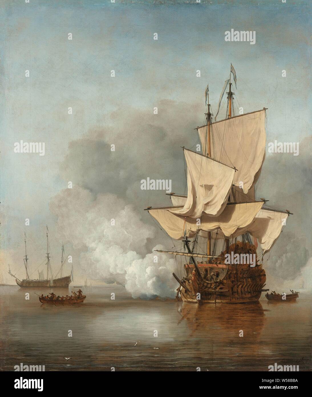 Le coup de canon, le coup de canon. Un navire de guerre dans un vent faible avec voiles de presse un coup de canon. Deux sloops de chaque côté, un autre navire de guerre dans la distance, avec voiles repassé. Coups de canon (salut militaire), Willem van de Velde (II), ch. 1680, la toile, la peinture à l'huile (peinture), h 78,5 cm × w 67 cm × H 90,8 cm × w 80,5 cm × 7,5 cm d Banque D'Images