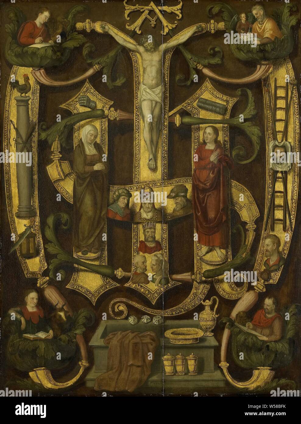 Monogramme du Christ combinée avec les instruments de la Passion, de l'Arma  Christi. Le monogramme du Christ, combinée avec la passion des outils.,  anonyme, Pays-Bas du Sud, ch. 1560, tableau de bord,