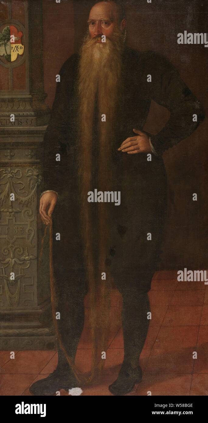 Portrait de Pieter Dircksz, appelé longue barbe, membre du Conseil de la chambre d'orphelins à Edam, Portrait de Pieter Dircksz (1528-1606), nommé maître orphelin, Langebaard d'Edam, debout pleine longueur, maintenant la fin de la barbe de la main droite, la main gauche sur le côté, sur la gauche, une colonne avec une base décorée de volutes, des guirlandes et rubans, au-dessus de la crête de la famille., Amsterdam, Johannes Hudde, Aert Pietersz. (Attribué à), 1583, toile, de la peinture à l'huile (peinture), h 182 cm × w 98 cm d 7 cm Banque D'Images