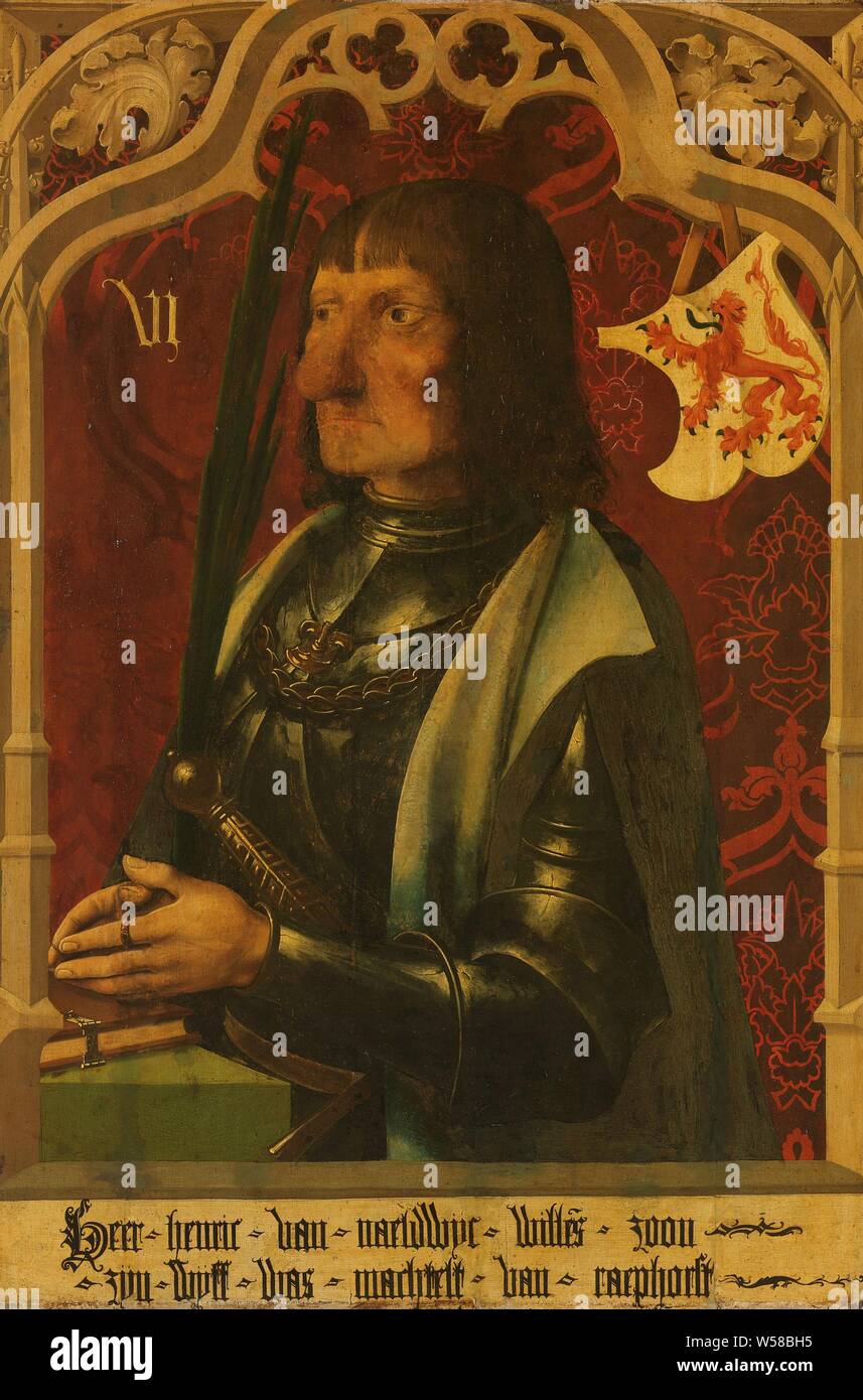 Portrait de Henry IV de Naaldwijk (c.1430-96), Chevalier et héréditaires de  Marshall en Hollande. S'agenouiller en armure, un livre en face de lui.  Haut à droite le blason de la famille., anonyme,