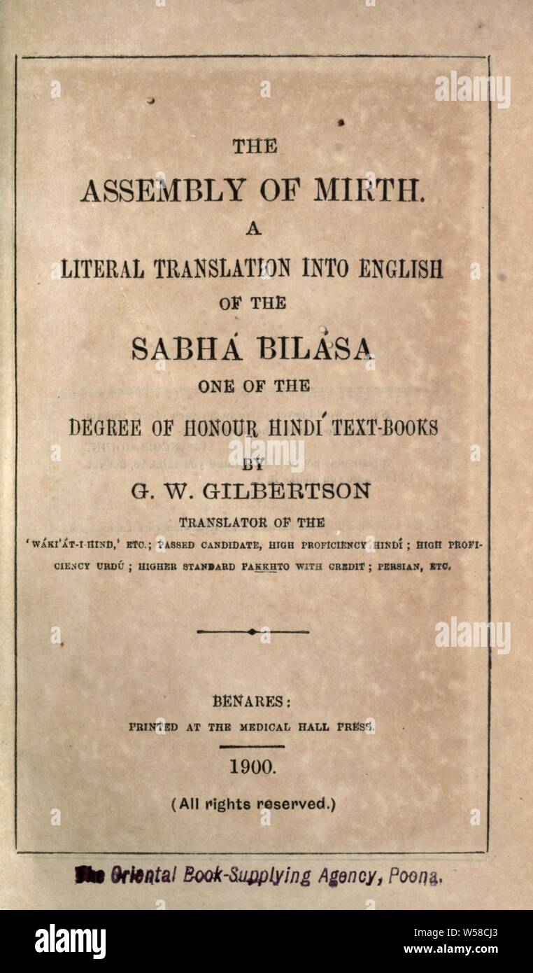 L'assemblée de liesse, une traduction littérale en anglais Sabhá Bilása, de l'un des degrés d'honneur texte Hindí-books : Lallu Lal, Kavi Banque D'Images