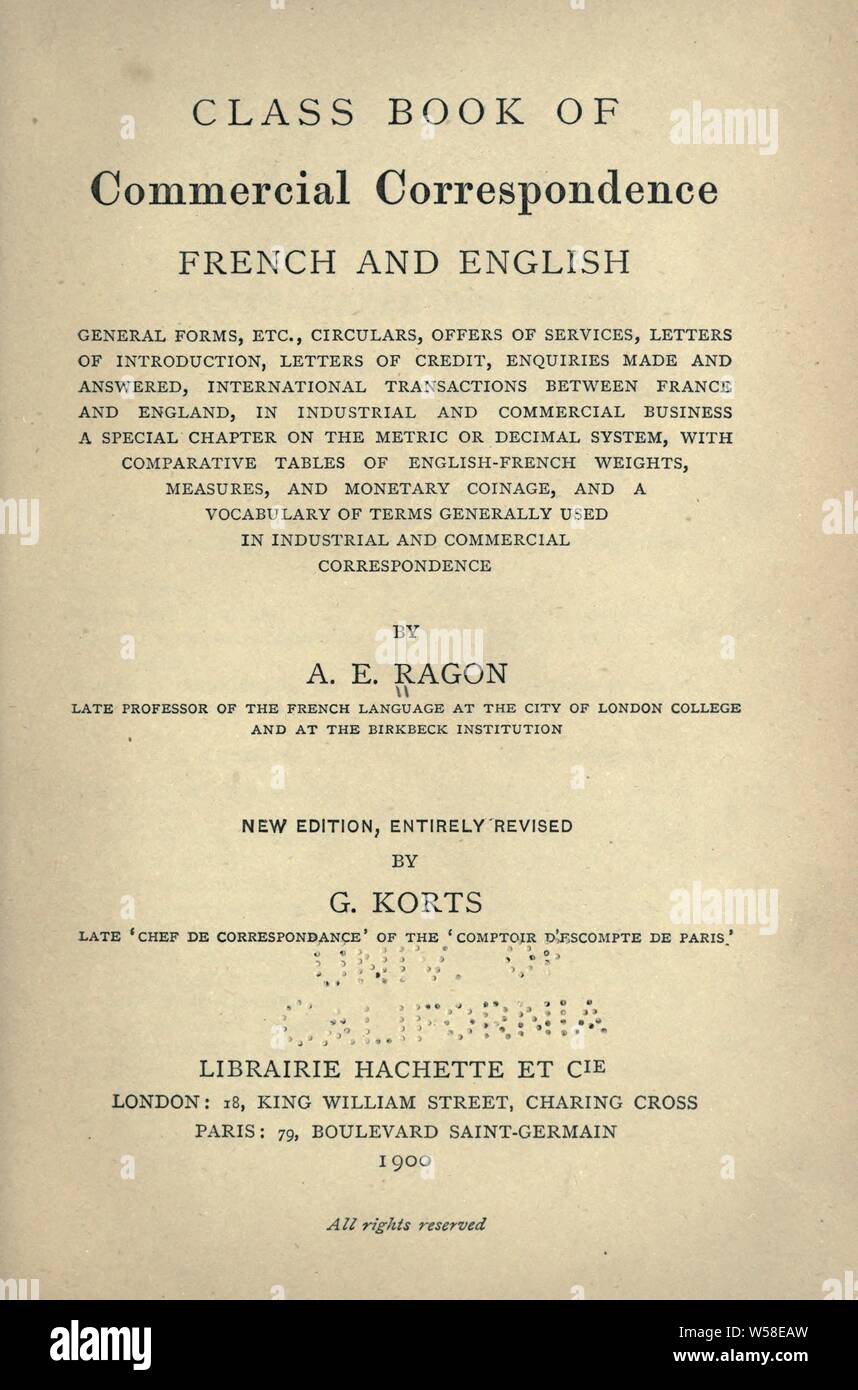 Livre de classe correspondance commerciale, le français et l'anglais ..  : Ragon, A. E Banque D'Images