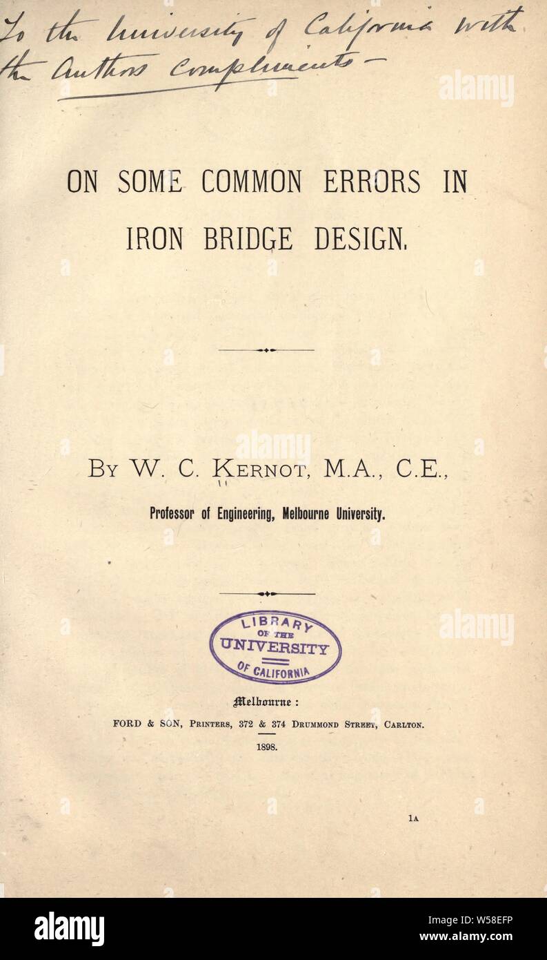 Sur certaines erreurs courantes de conception de ponts en fer : Kernot, William Charles, 1845 Banque D'Images