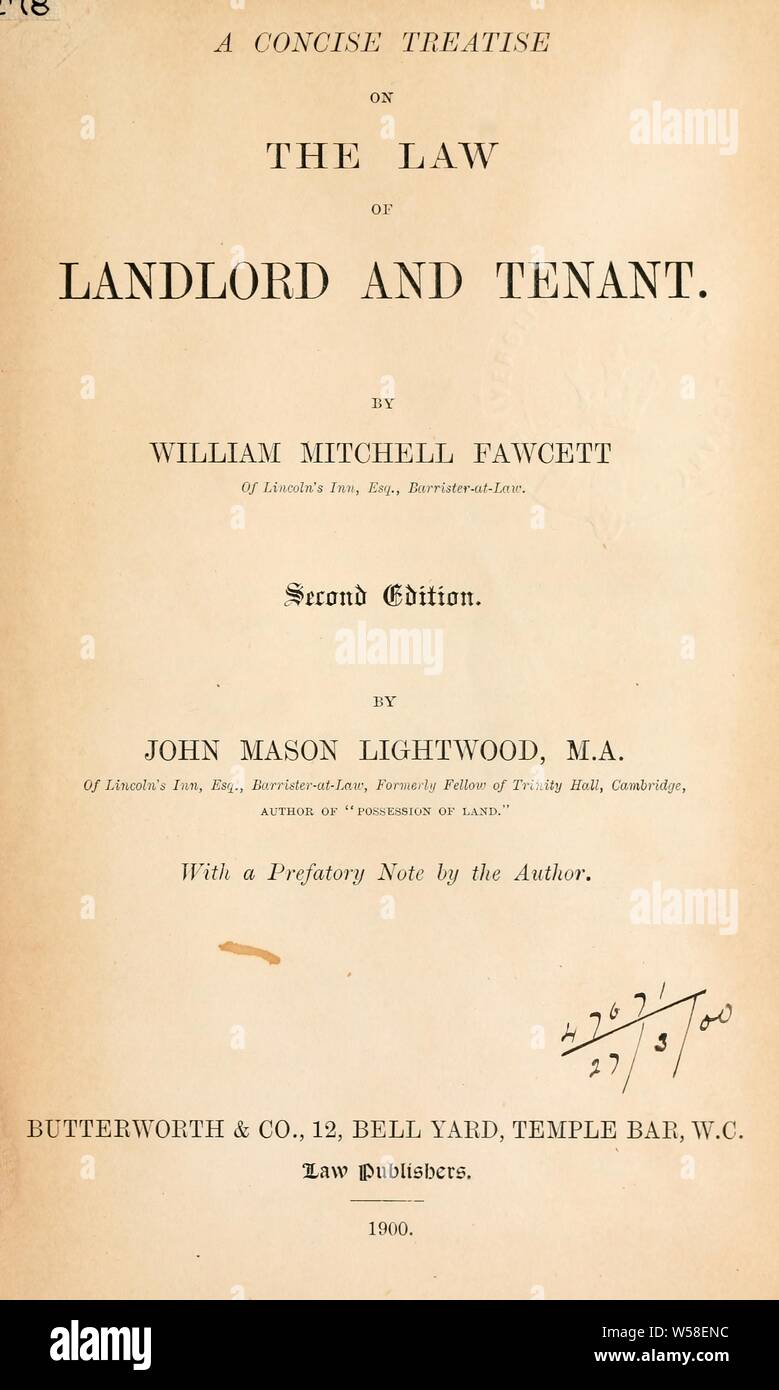 Un traité concis sur le droit de propriétaire et locataire : Fawcett, William Mitchell Banque D'Images