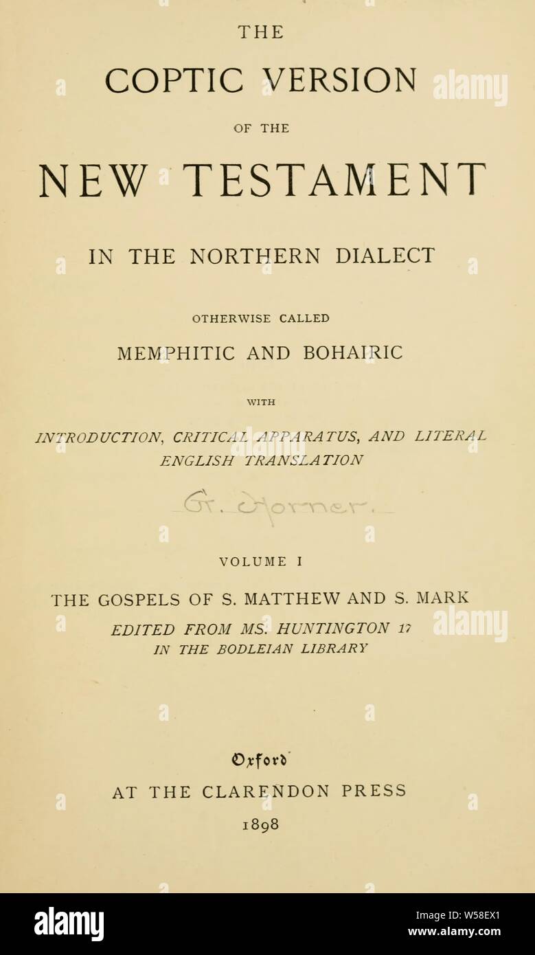 La version copte du Nouveau Testament dans le nord de la dialect : Horner, George William, 1849 Banque D'Images
