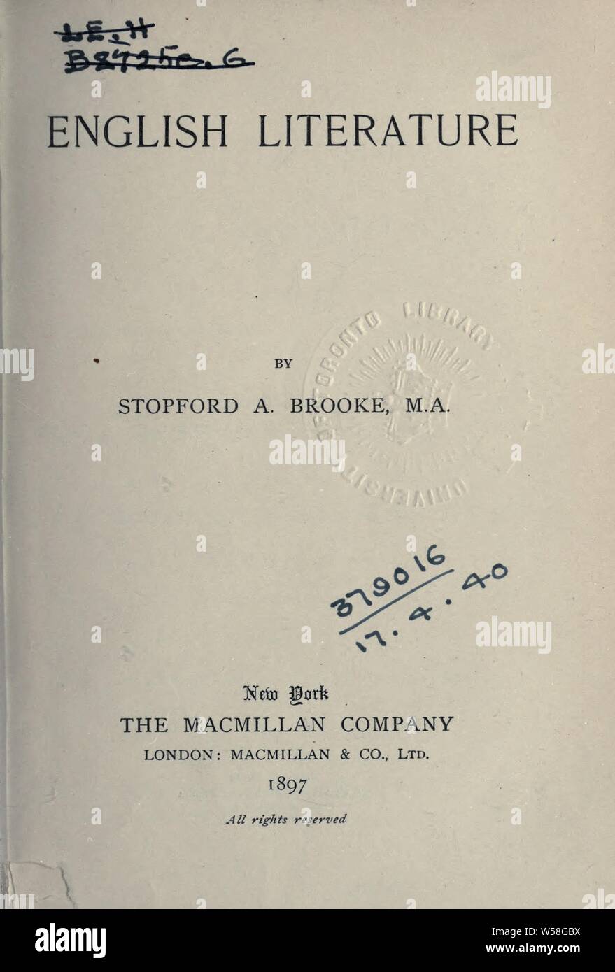La littérature anglaise : Brooke, Stopford Augustus, 1832-1916 Banque D'Images