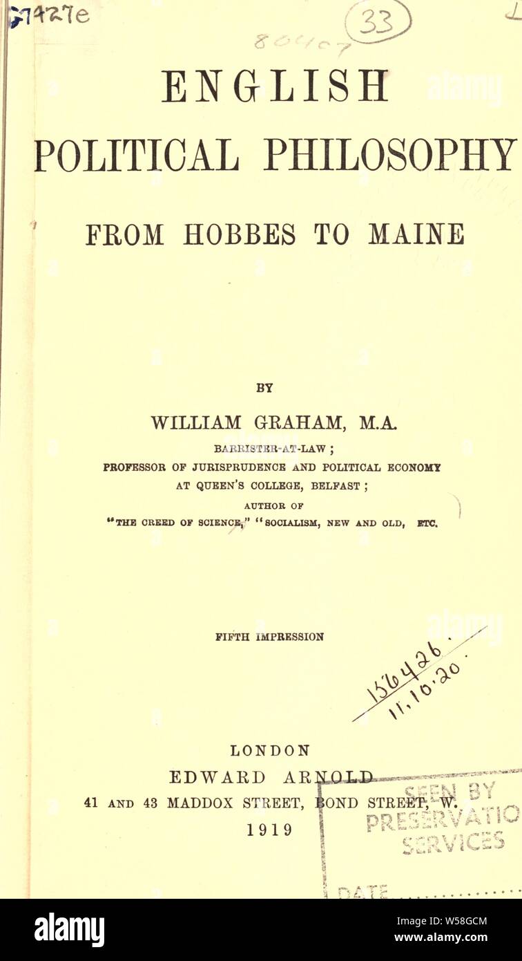 English Philosophie Politique de Hobbes à Maine : Graham, William, 1839-1911 Banque D'Images