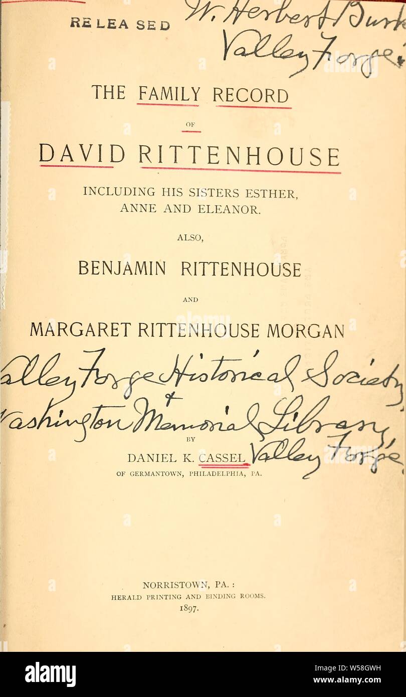 Le dossier de la famille de David Rittenhouse : y compris ses sœurs Esther, Anne et Eleanor, également Benjamin Rittenhouse et Margaret Rittenhouse Morgan : Cassel, Daniel Kolb, b. 1820 Banque D'Images