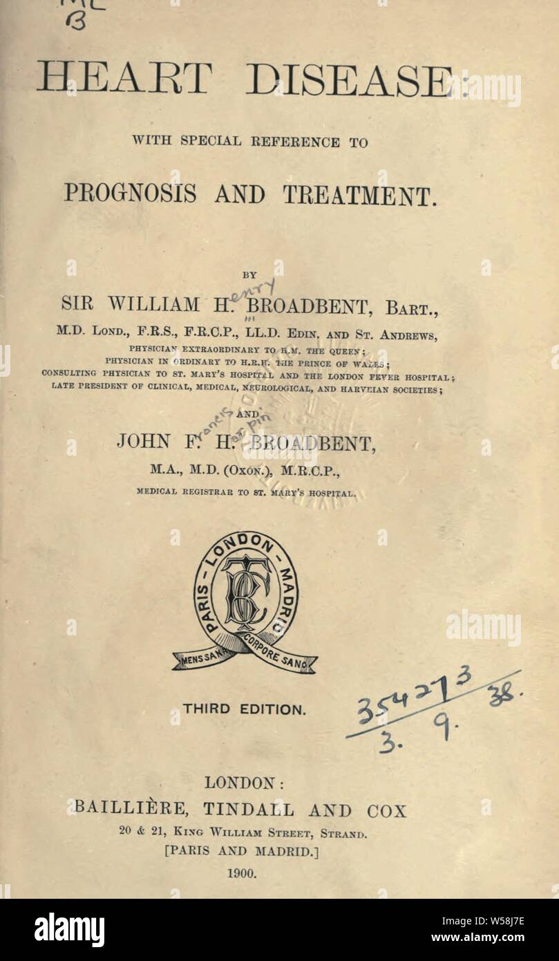 Les maladies du coeur : avec référence spéciale au pronostic et traitement : Broadbent, William Henry, Sir, 1835-1907 Banque D'Images