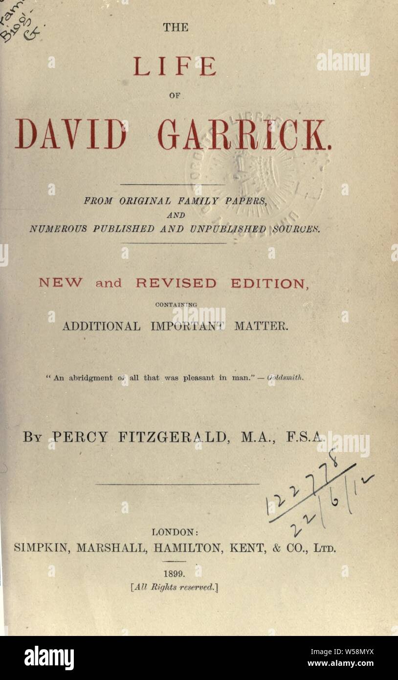 La vie de David Garrick : Fitzgerald, Percy Hetherington, 1834-1925 Banque D'Images